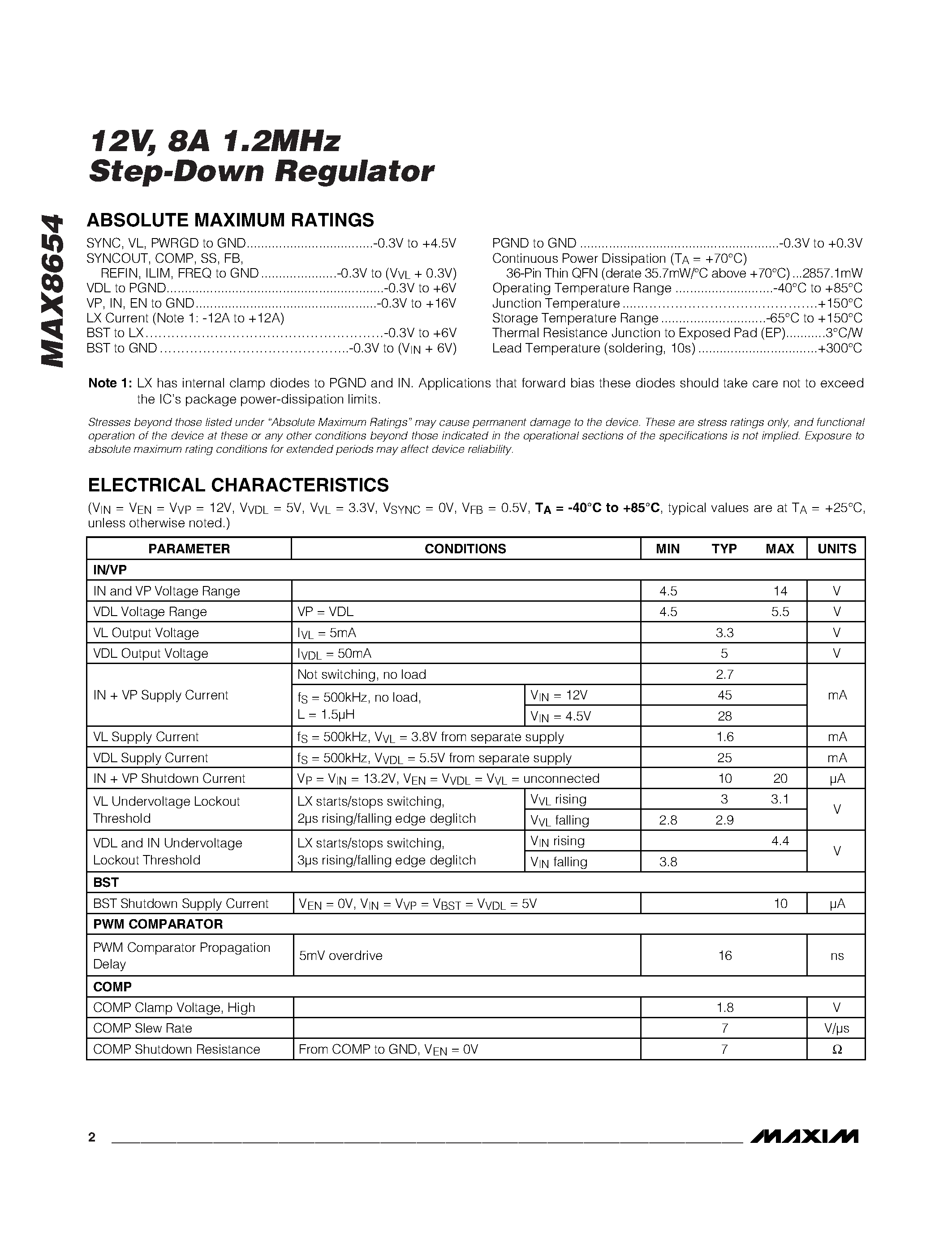 Datasheet MAX8654 - 8A 1.2MHz Step-Down Regulator page 2