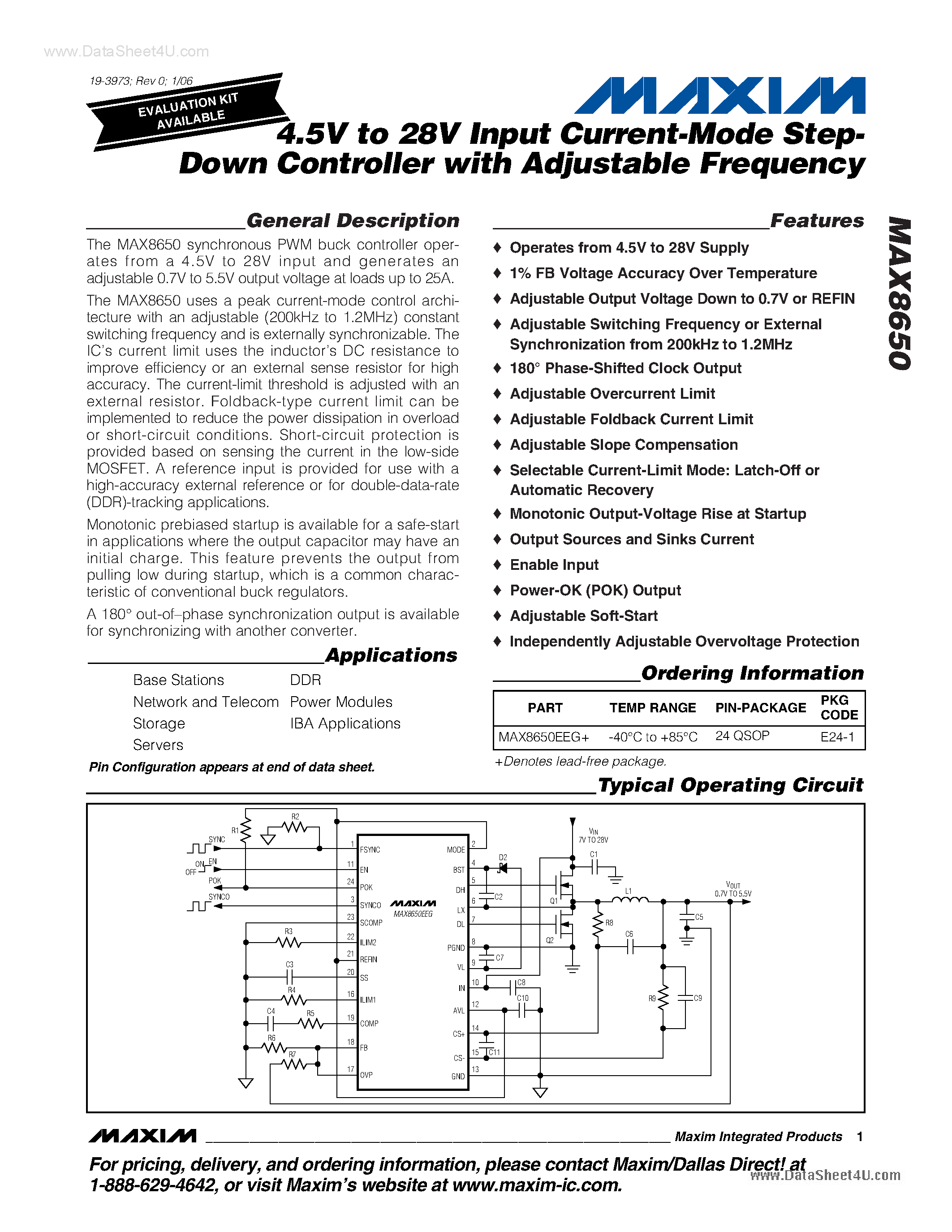 Datasheet MAX8650 - 4.5V to 28V Input Current-Mode Step-Down Controller page 1