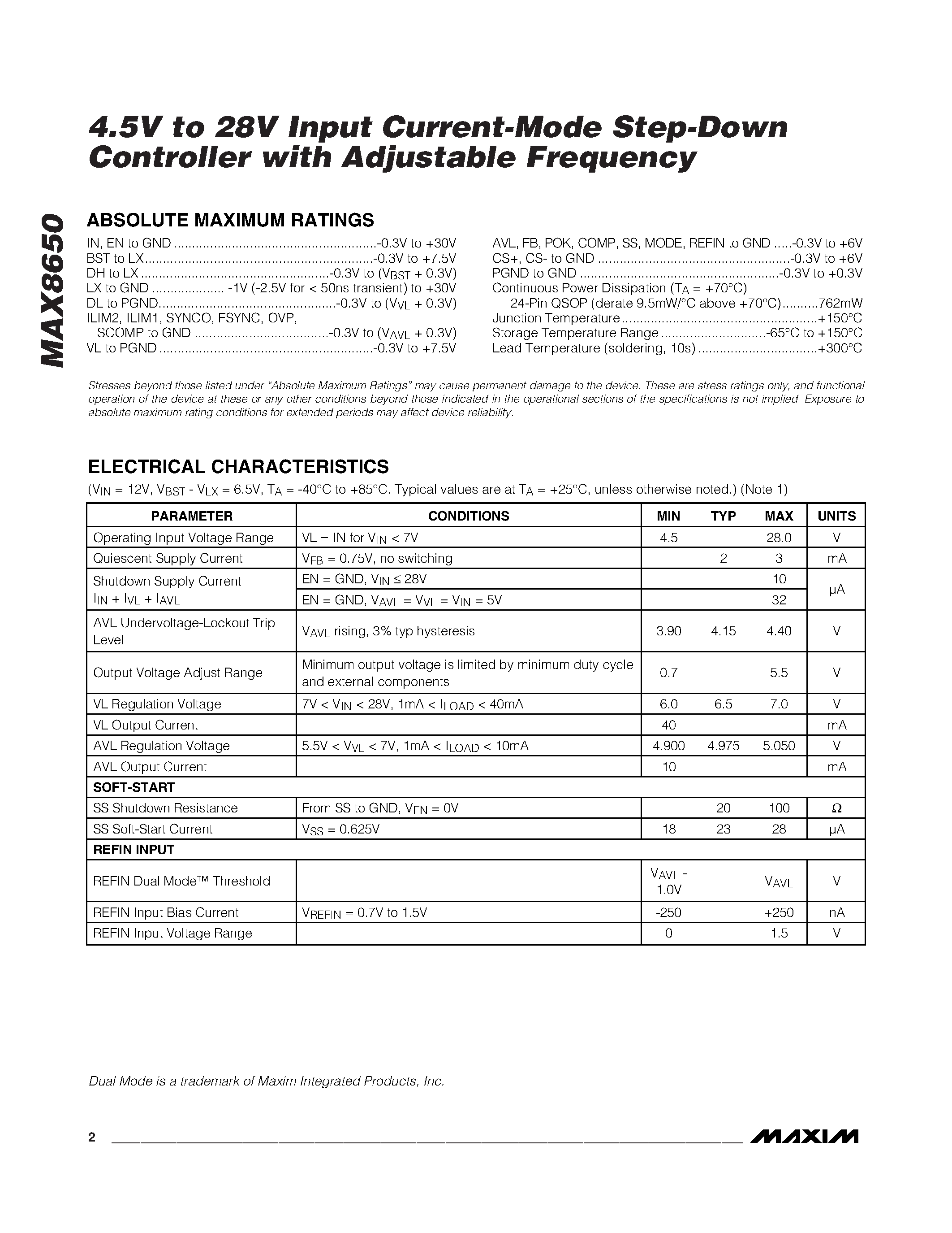 Datasheet MAX8650 - 4.5V to 28V Input Current-Mode Step-Down Controller page 2
