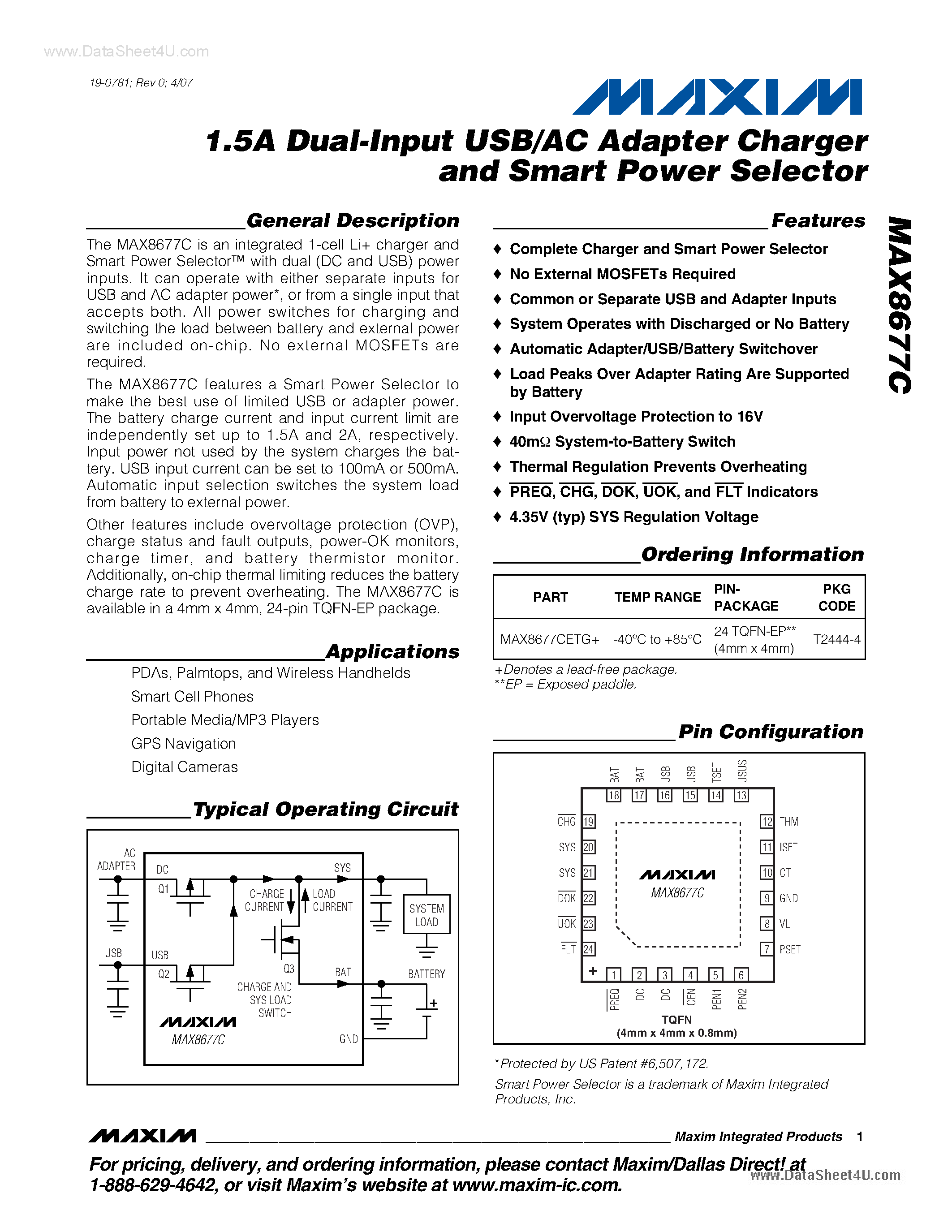 Datasheet MAX8677C - 1.5A Dual-Input USB/AC Adapter Charger and Smart Power Selector page 1