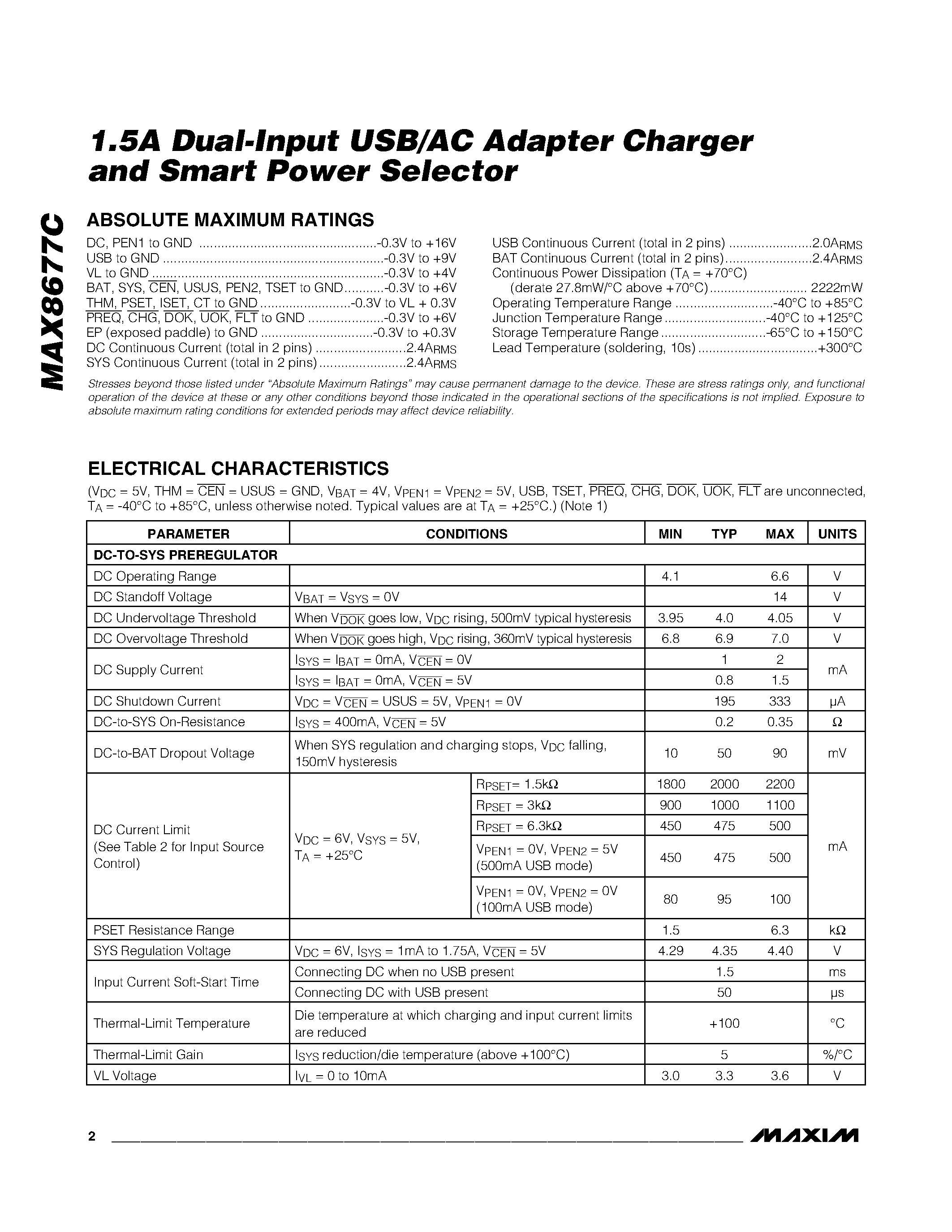 Datasheet MAX8677C - 1.5A Dual-Input USB/AC Adapter Charger and Smart Power Selector page 2