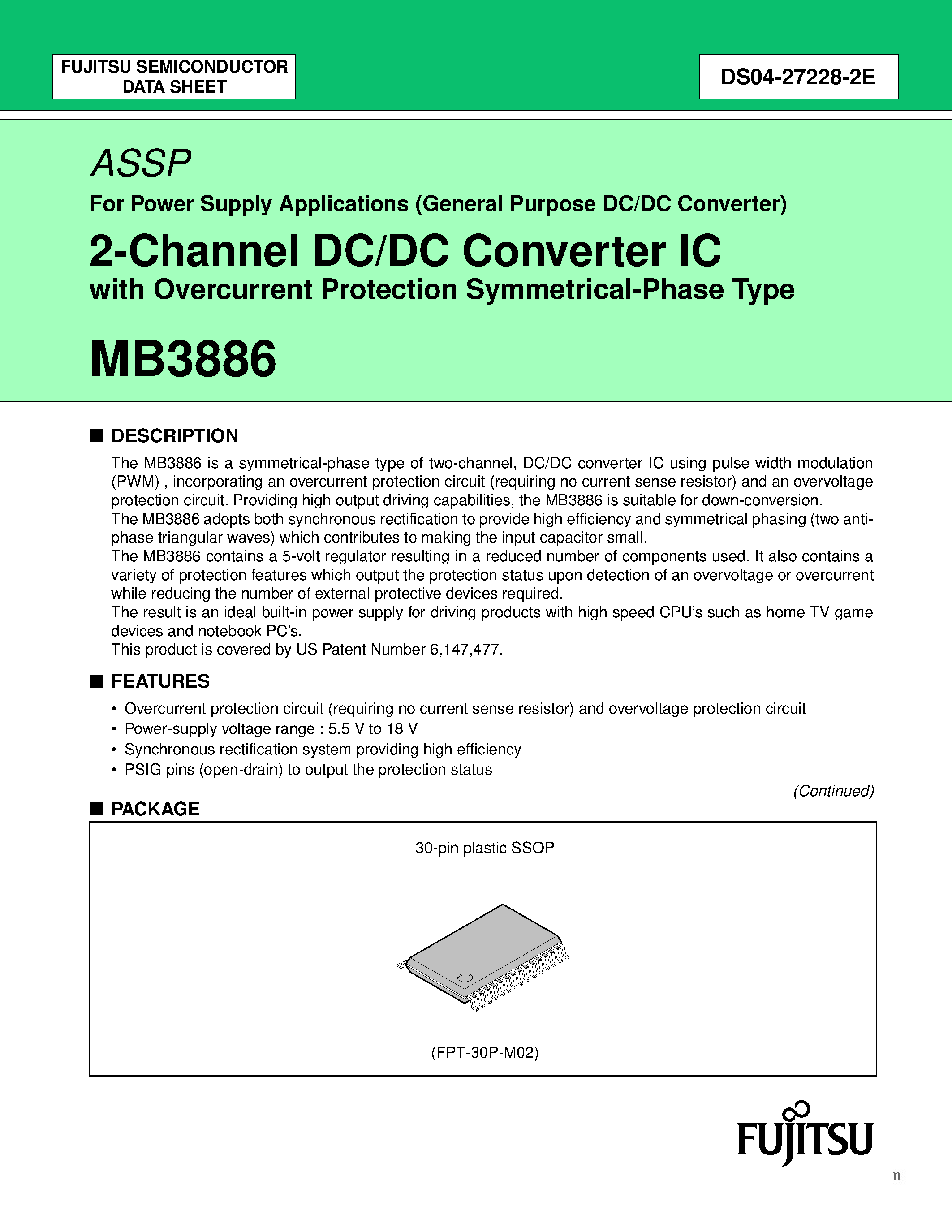 Datasheet MB3886 - 2-Channel DC/DC Converter IC page 1