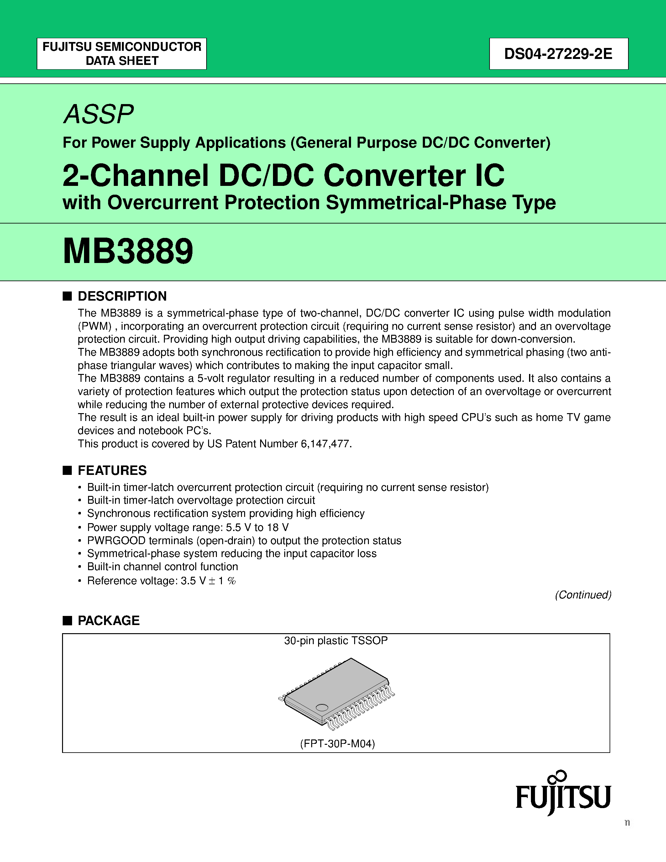 Datasheet MB3889 - 2-Channel DC/DC Converter IC page 1