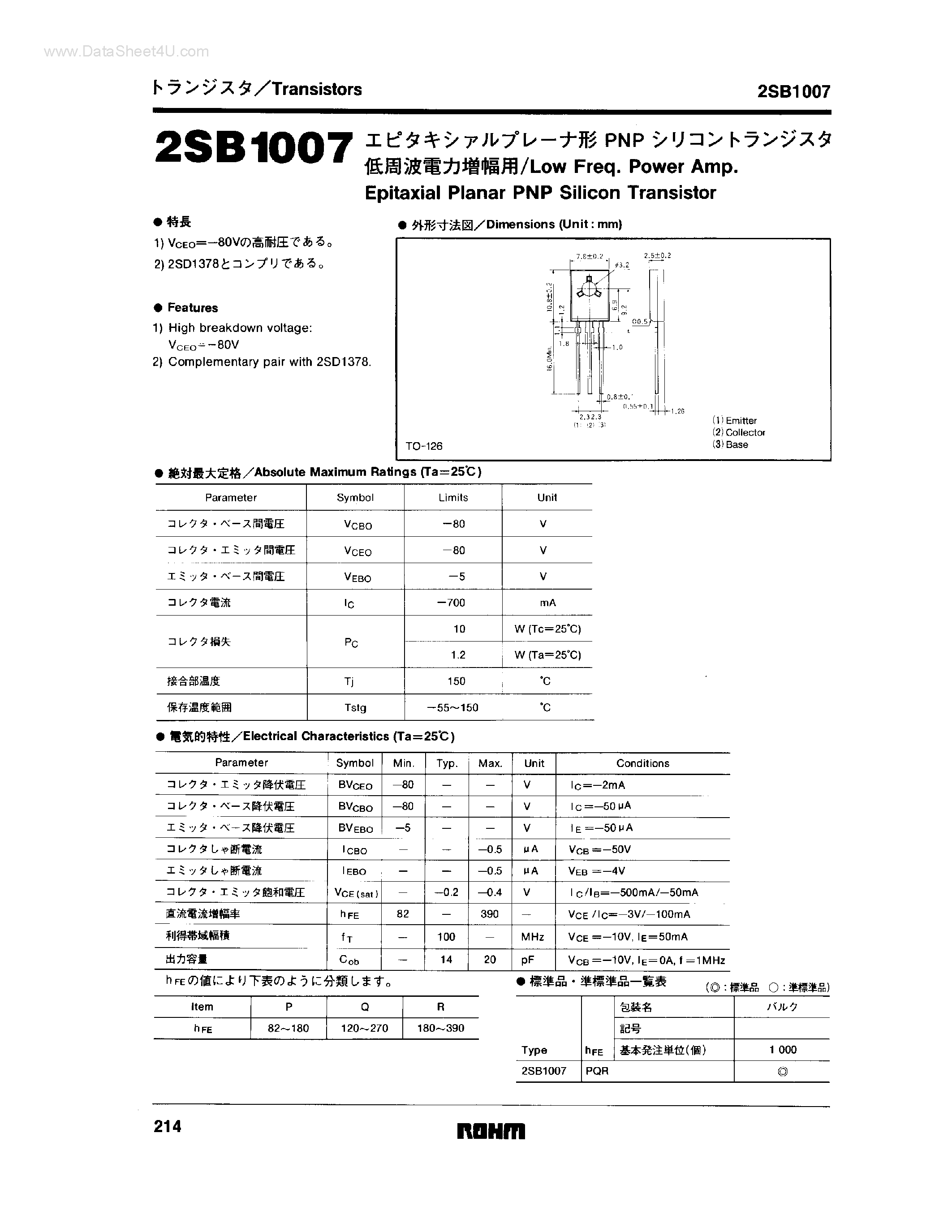 Datasheet 2SB1007 - Epitaxial Planar PNP Silicon Transistor page 1