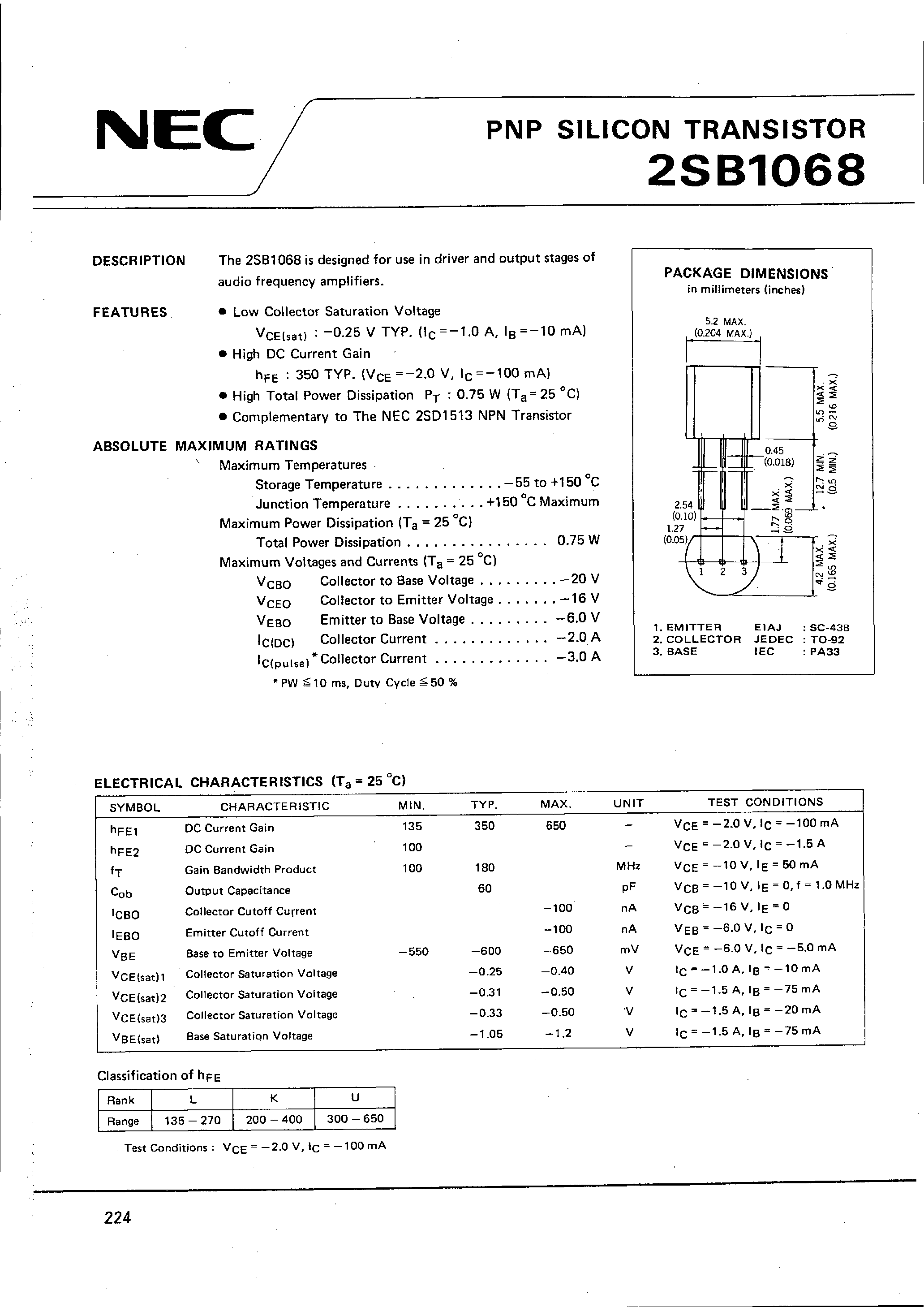 Datasheet 2SB1068 - PNP SILICON TRANSISTOR page 1