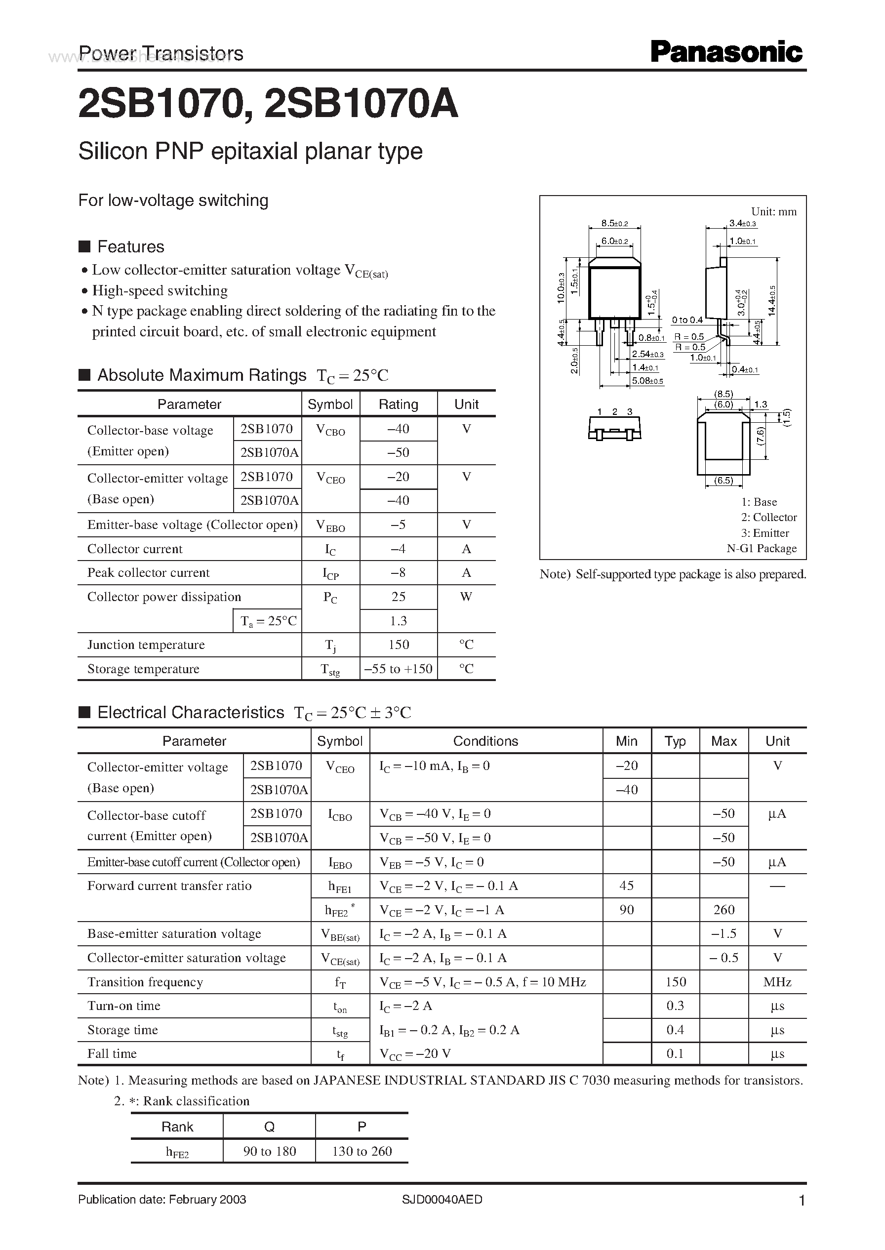 Даташит на микросхему 2SB1070 страница 1 Даташит 2SB1070 - For Low-Voltage Switching страница 1