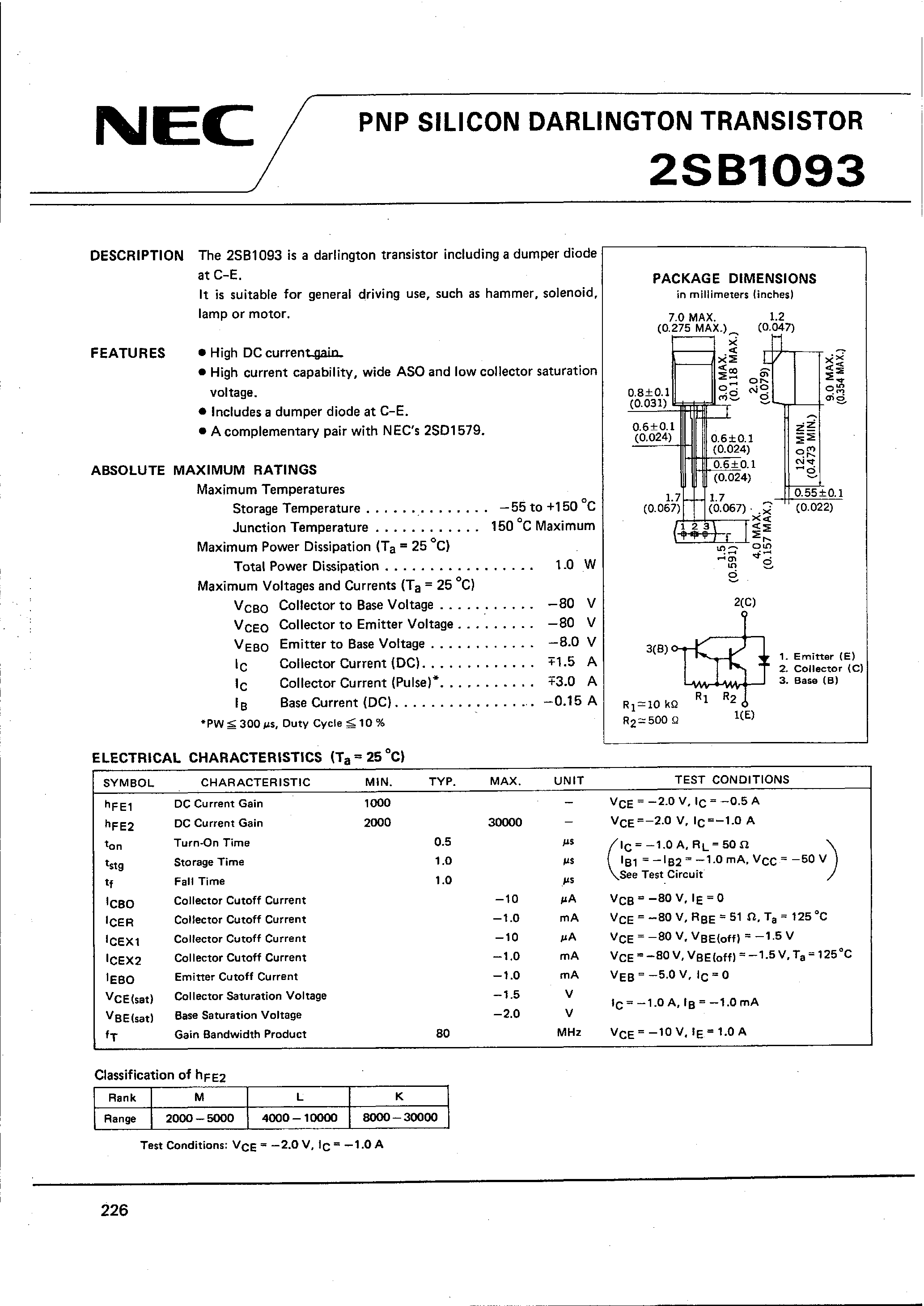 Datasheet 2SB1093 page 1 Datasheet 2SB1093 - PNP SILICON DARLINGTON TRANSISTOR page 1