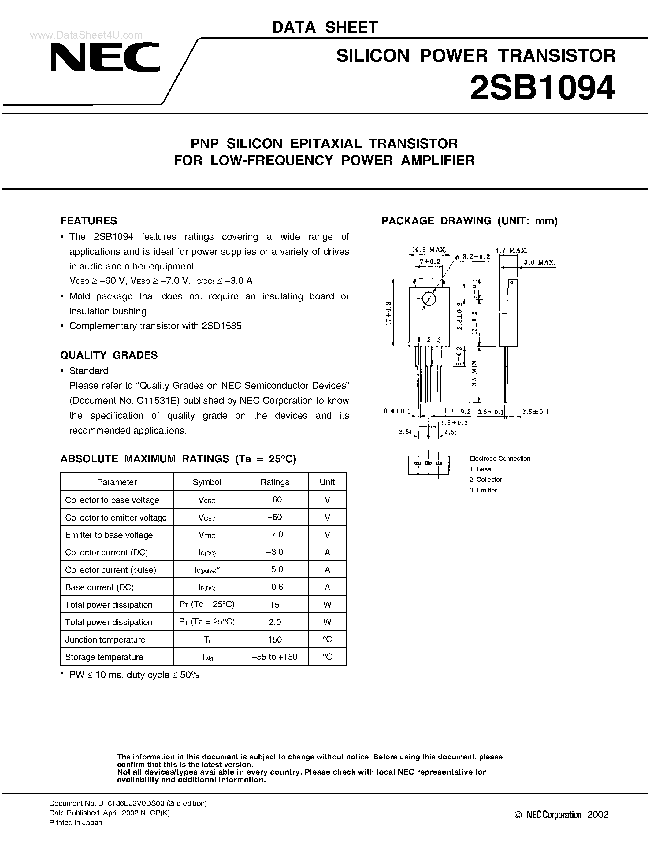 Datasheet 2SB1094 - PNP SILICON EPITAXIAL TRANSISTOR page 1