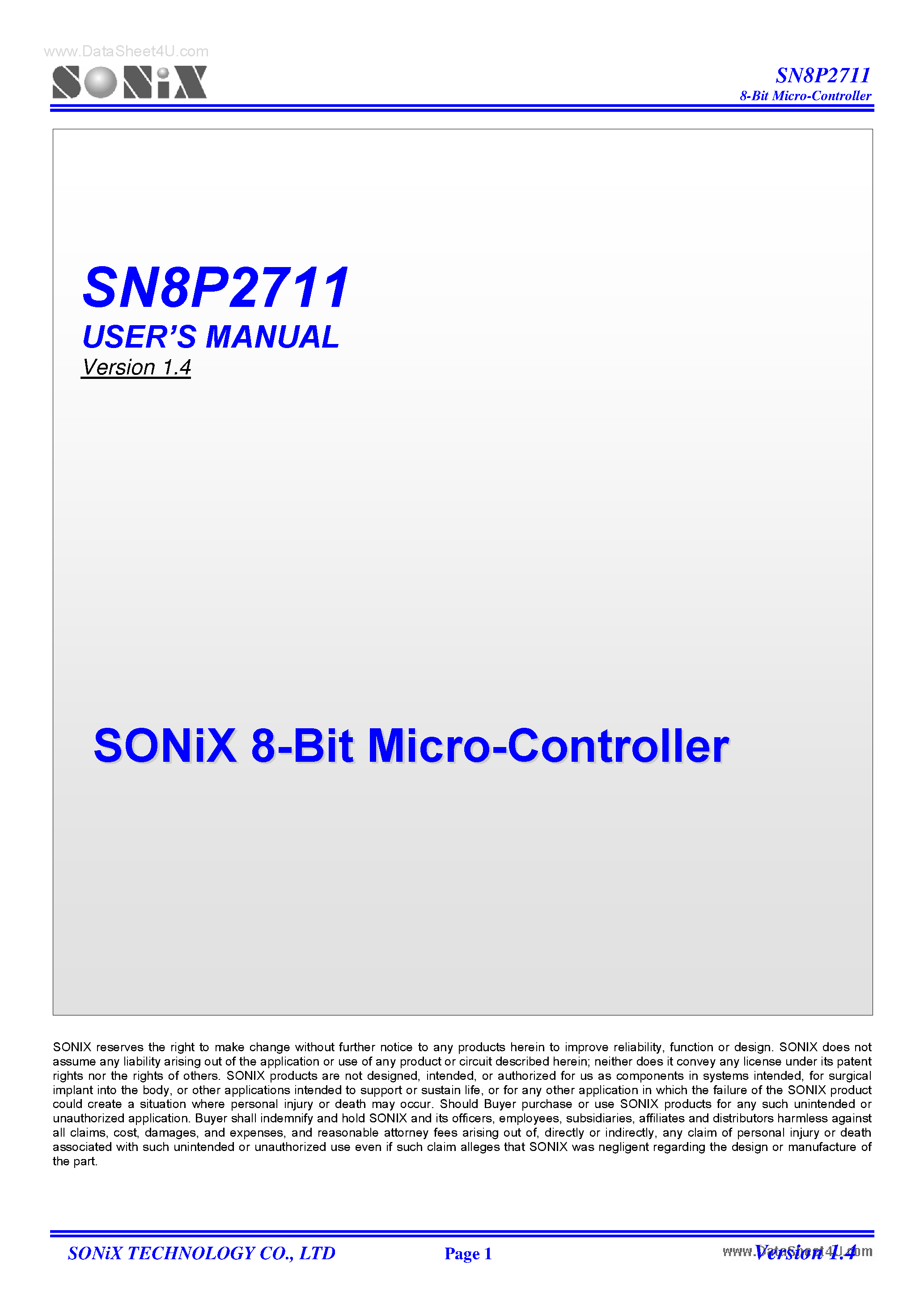 Даташит SN8P2711 - 8-Bit Micro Controller страница 1