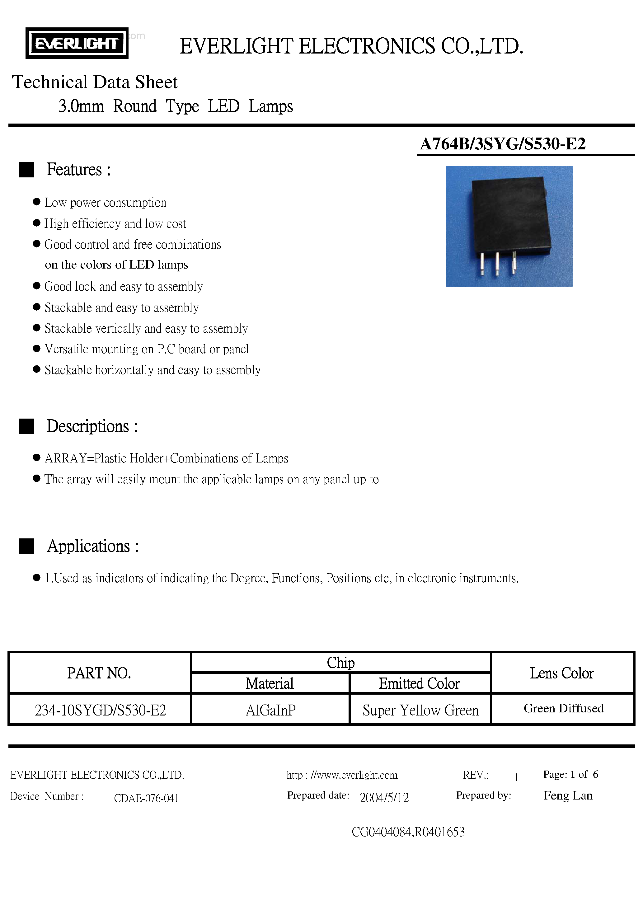Datasheet A764B/3SYG/S530-E2 - 3.0mm Round Type LED Lamps page 1