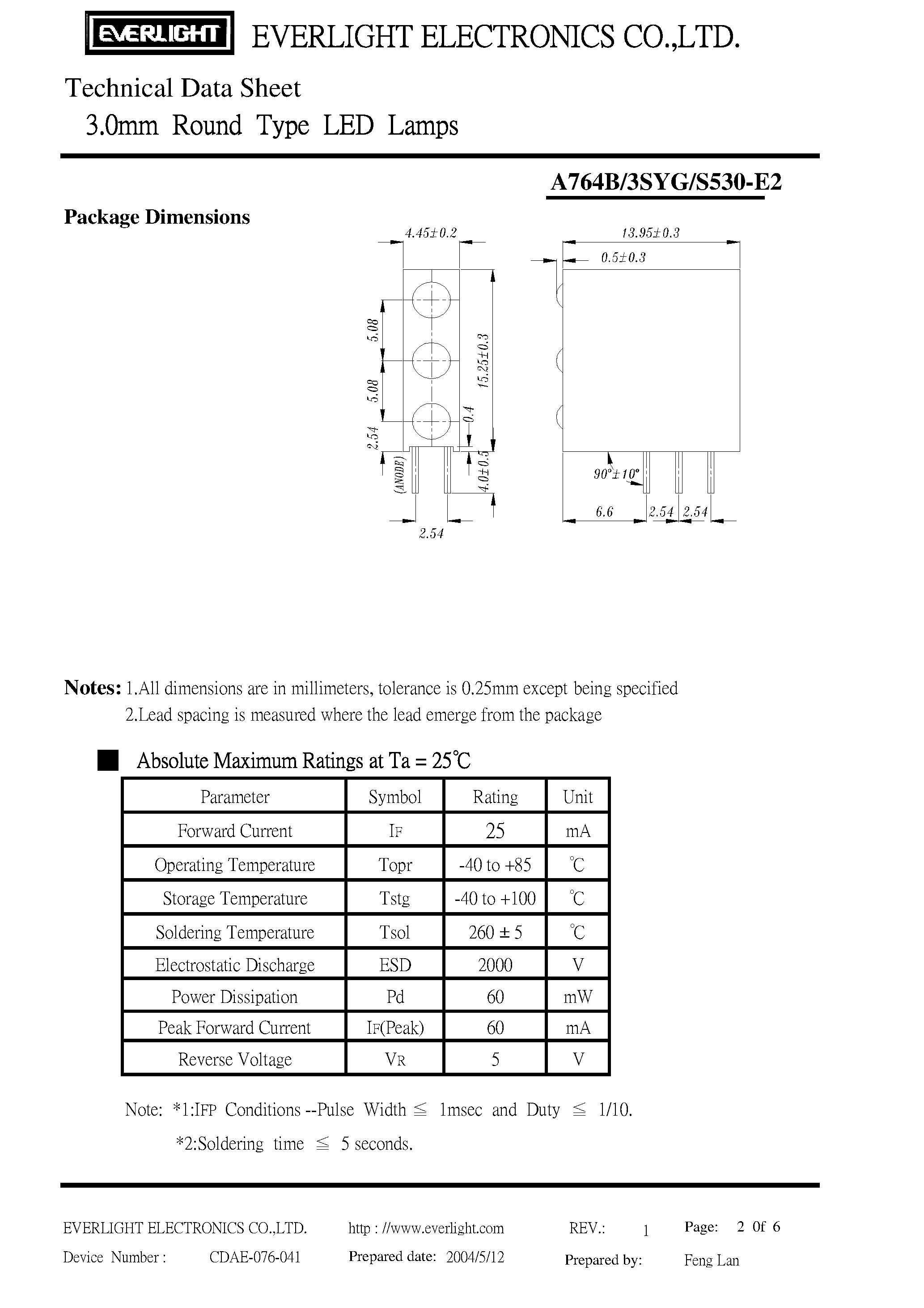Datasheet A764B/3SYG/S530-E2 - 3.0mm Round Type LED Lamps page 2