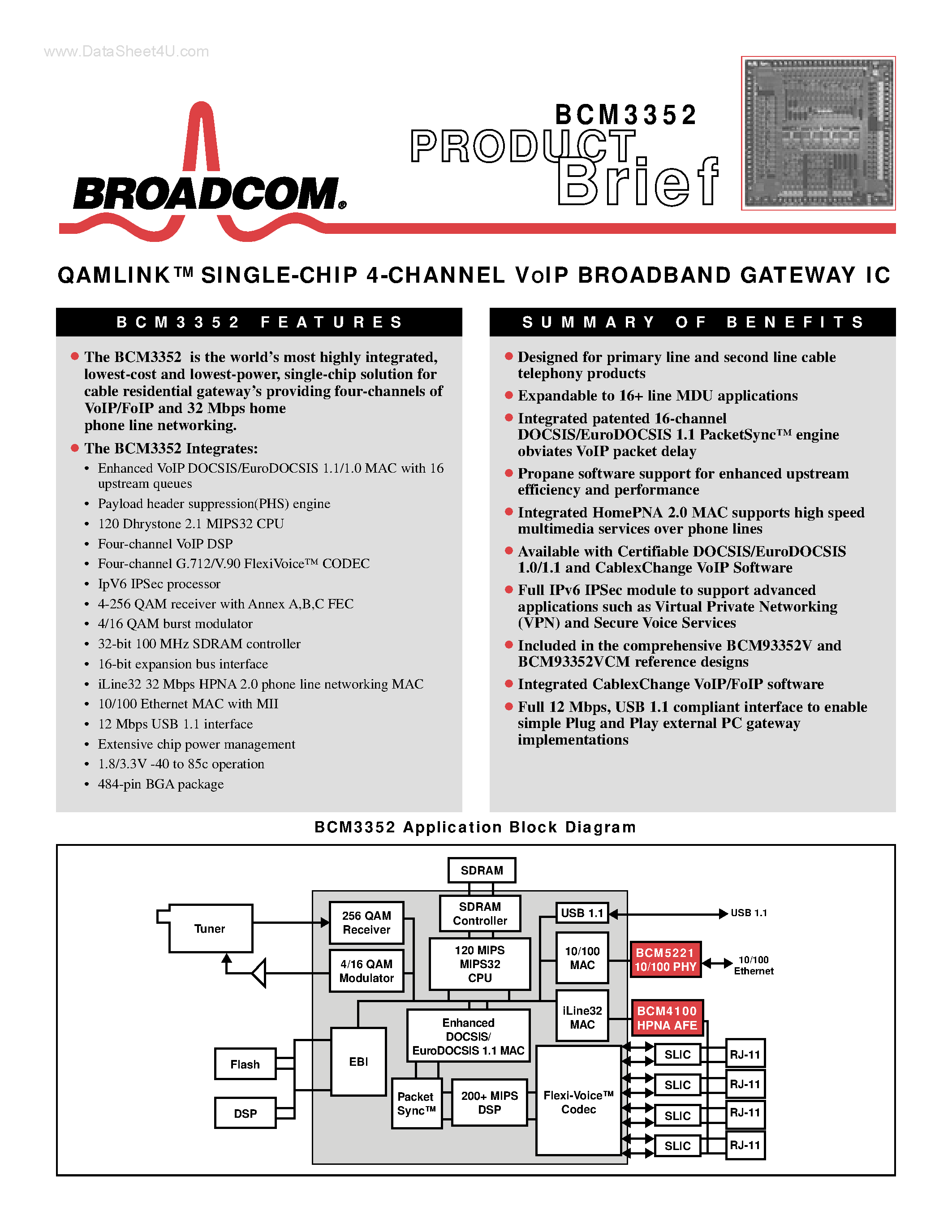 Datasheet BCM3352 - SINGLE-CHIP 4-CHANNEL VOIP BROADBAND GATEWAY IC page 1