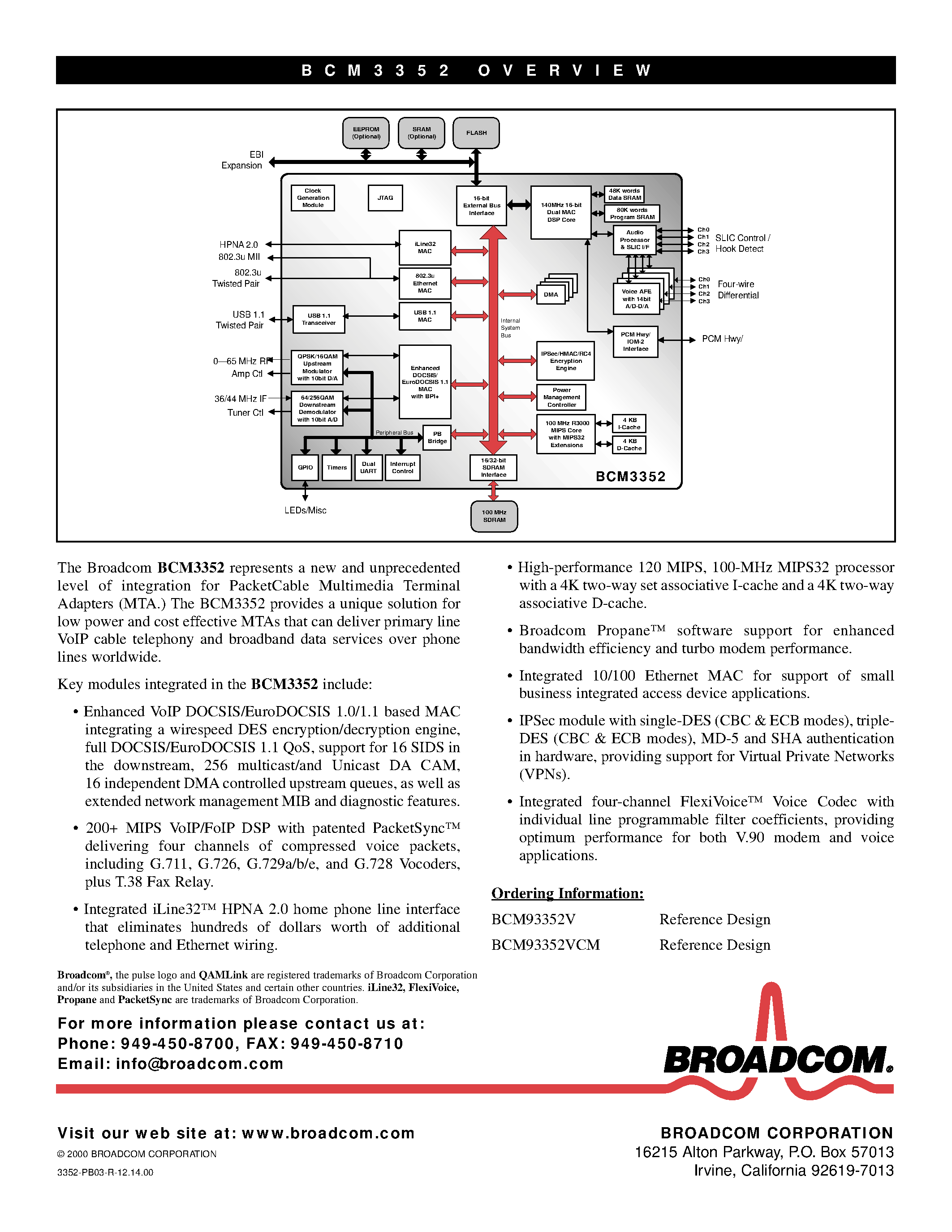 Datasheet BCM3352 - SINGLE-CHIP 4-CHANNEL VOIP BROADBAND GATEWAY IC page 2