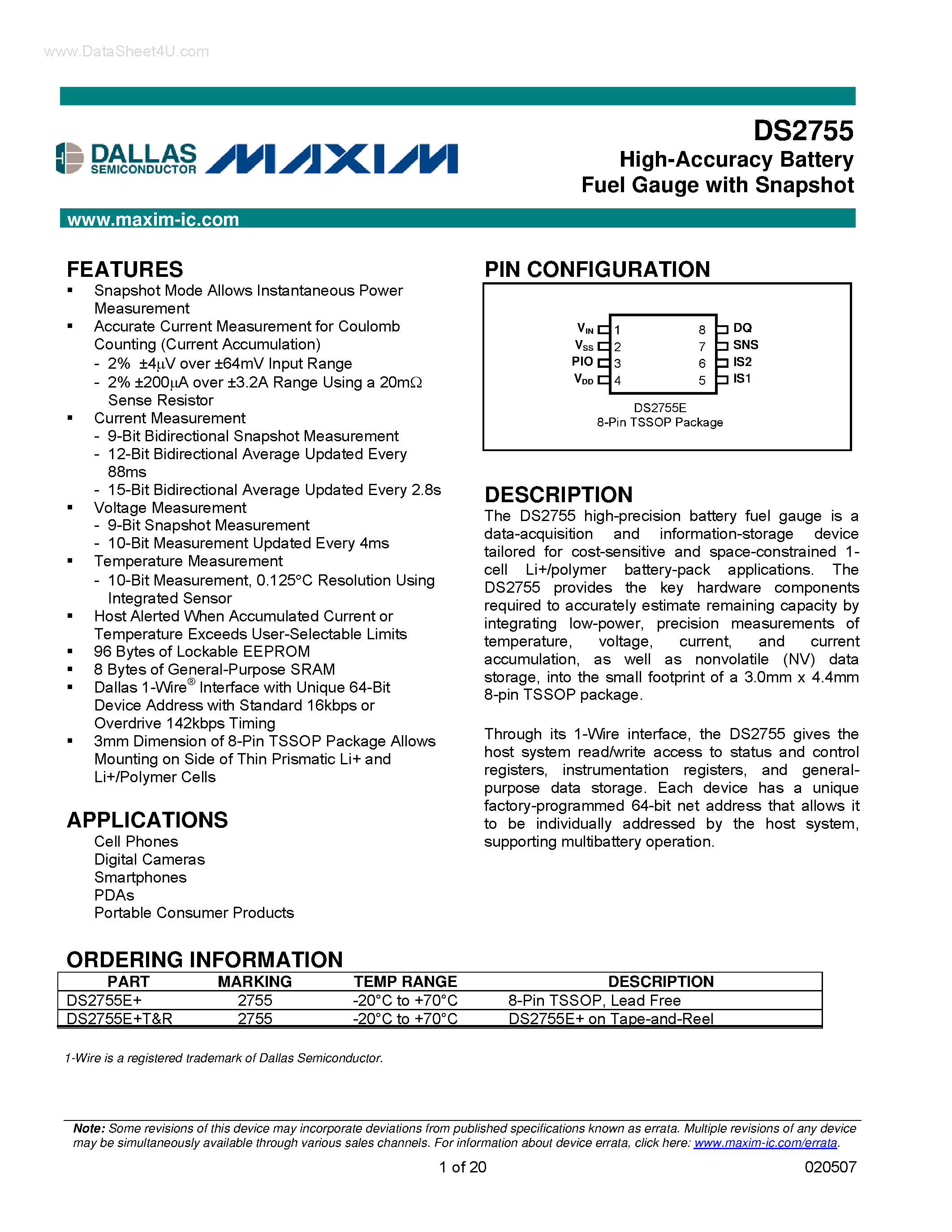 Datasheet DS2755 - High-Accuracy Battery Fuel Gauge page 1