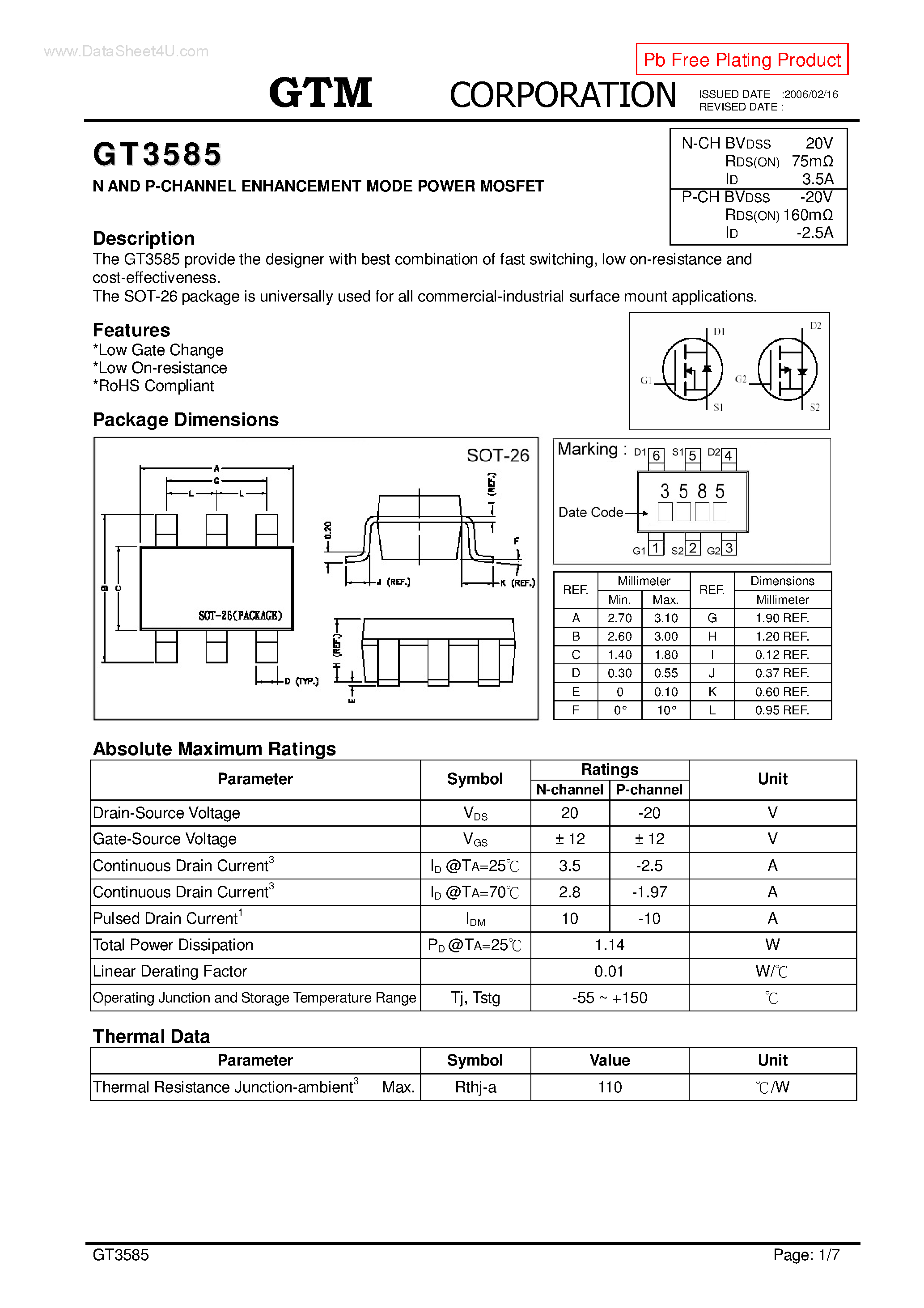 Datasheet GT3585 page 1 Datasheet GT3585 - N AND P-CHANNEL ENHANCEMENT MODE POWER MOSFET page 1