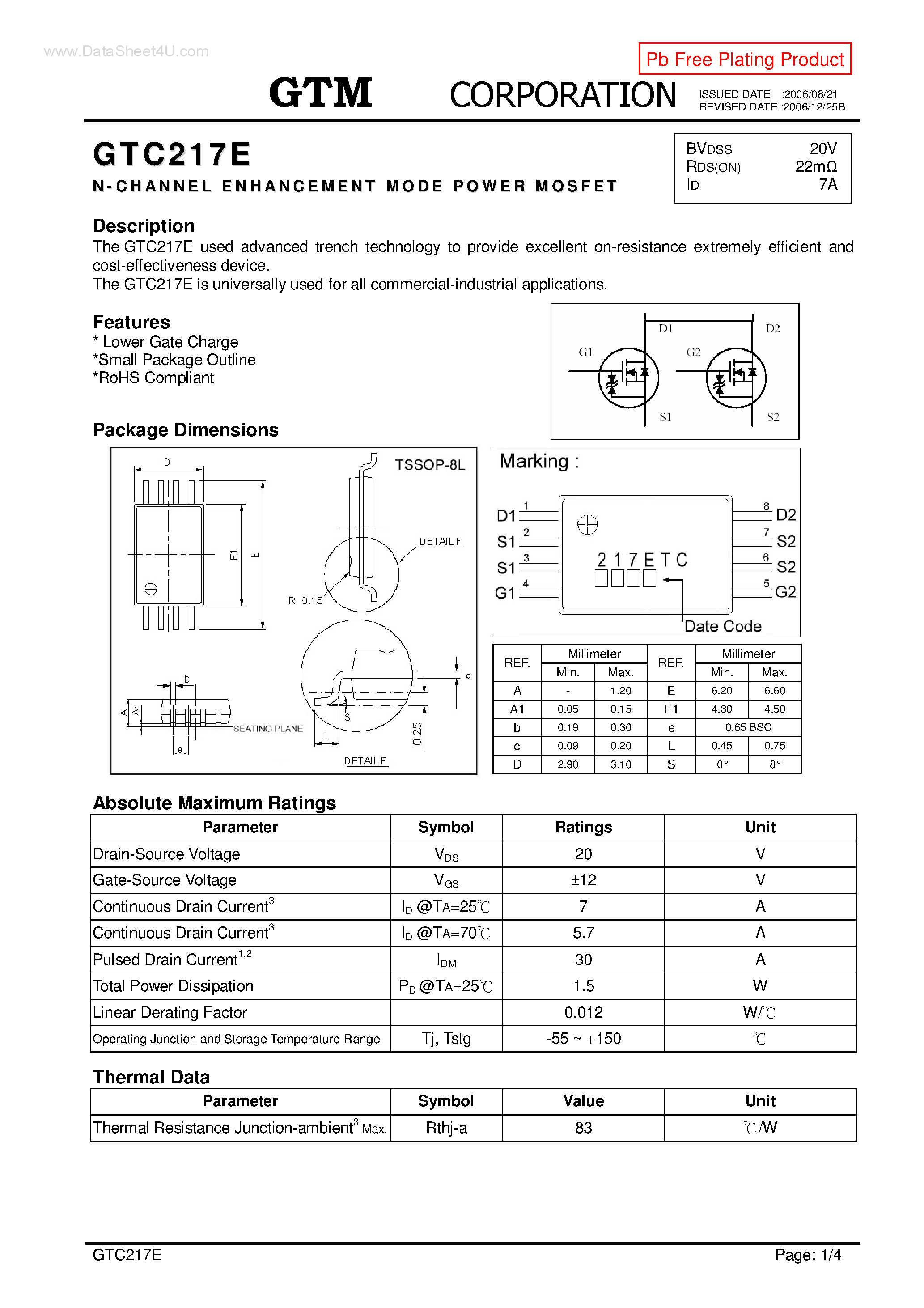 Datasheet GTC217E - N-CHANNEL ENHANCEMENT MODE POWER MOSFET page 1