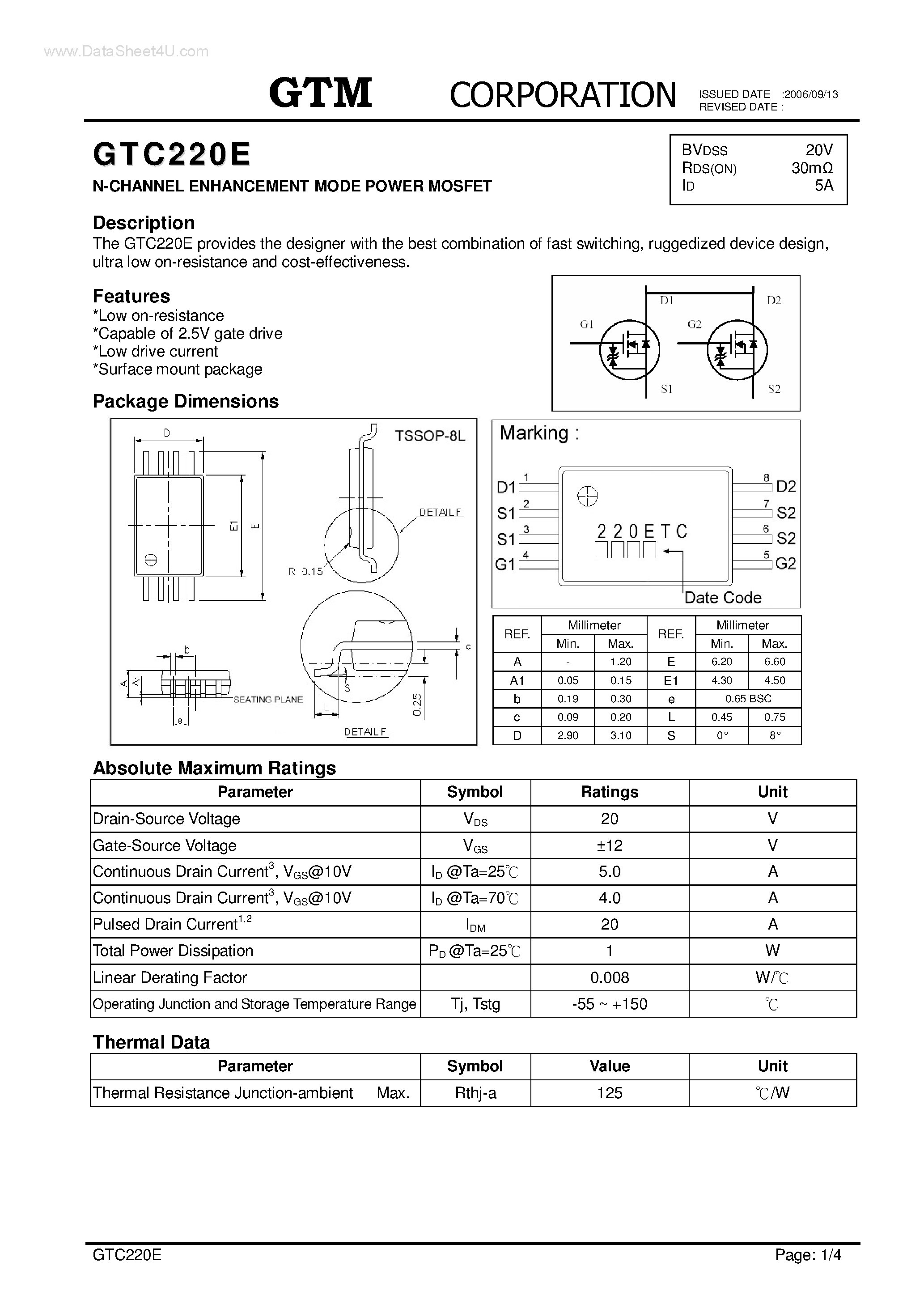 Datasheet GTC220E - N-CHANNEL ENHANCEMENT MODE POWER MOSFET page 1