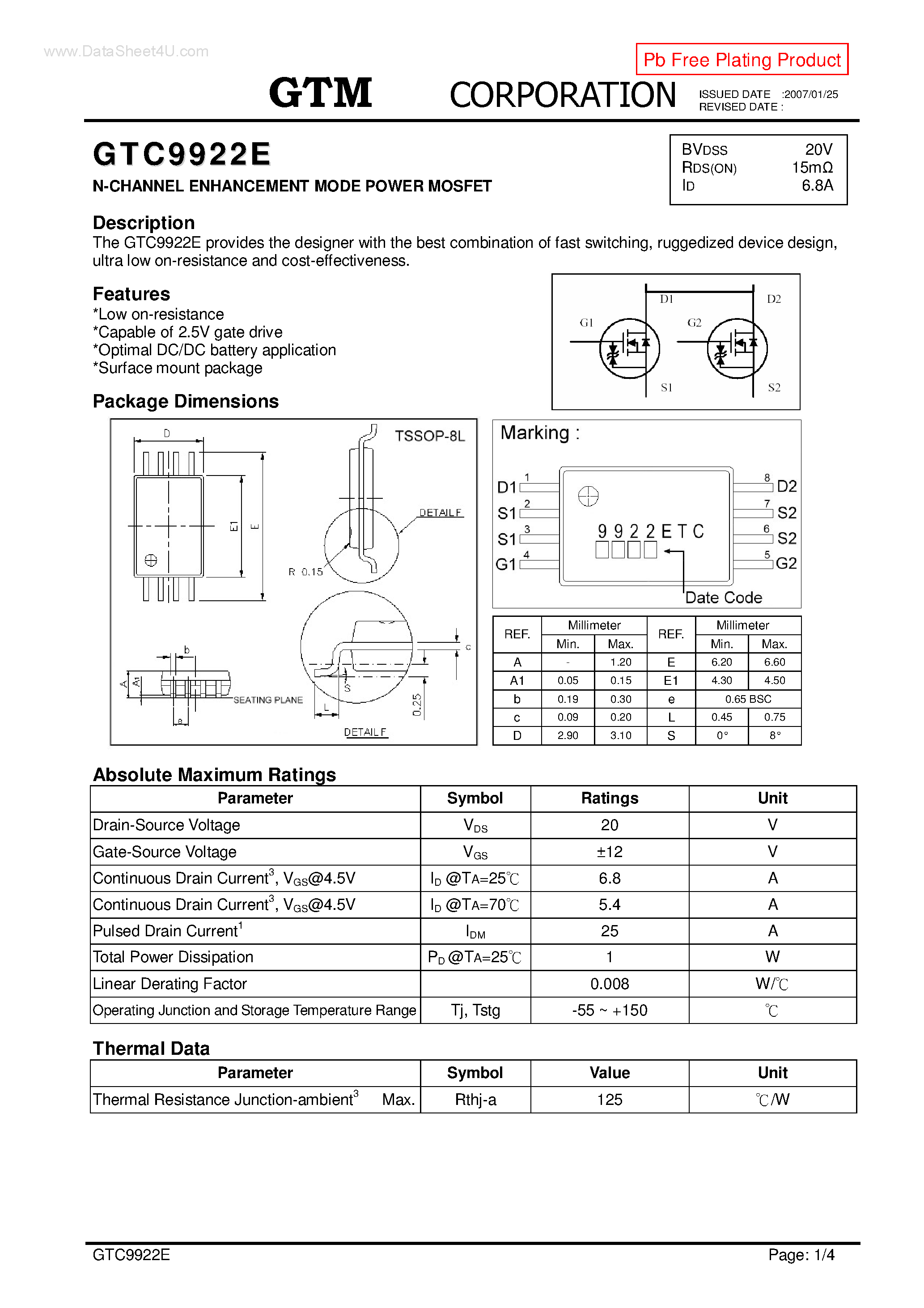 Datasheet GTC9922E - N-CHANNEL ENHANCEMENT MODE POWER MOSFET page 1