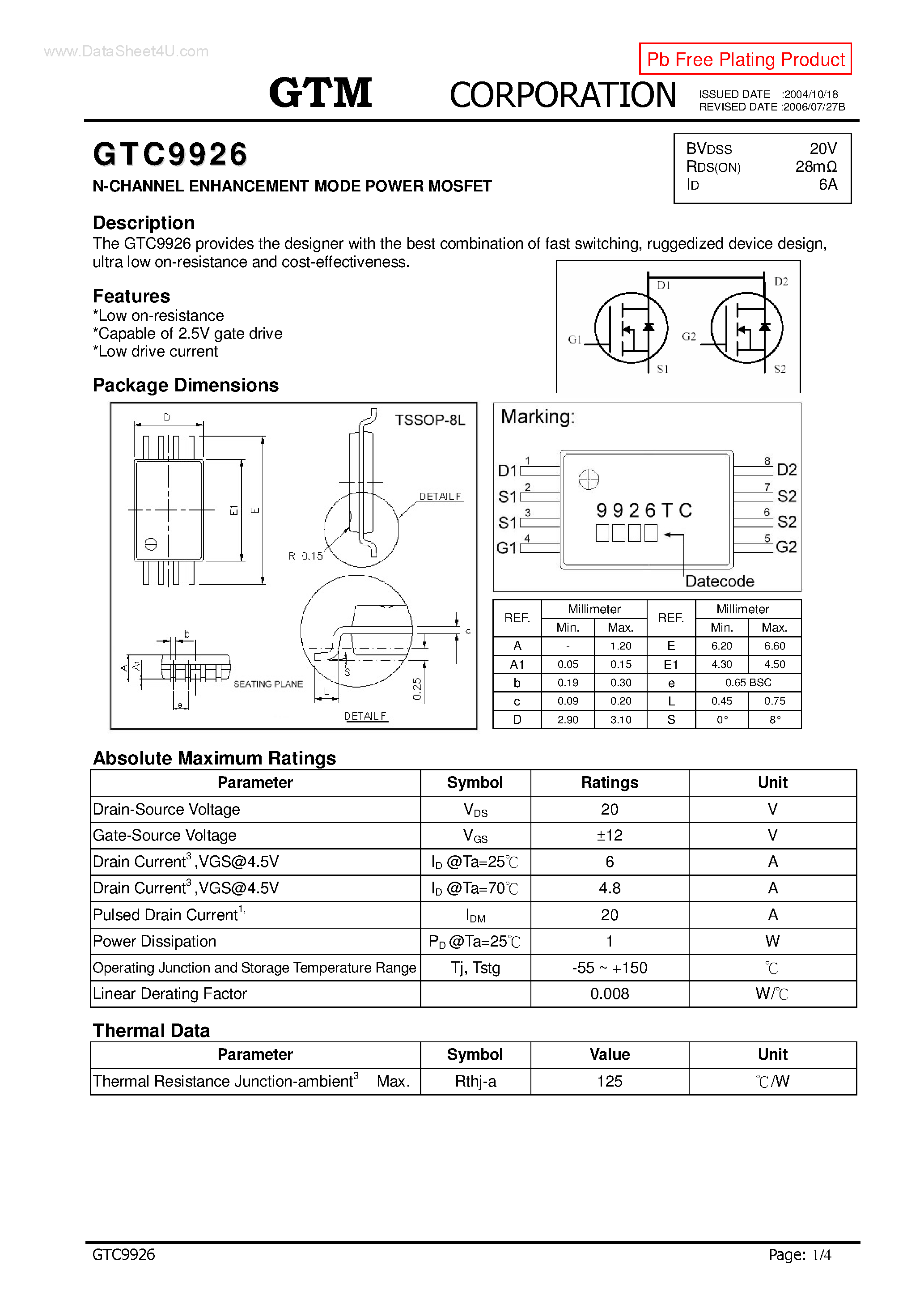 Datasheet GTC9926 page 1 Datasheet GTC9926 - N-CHANNEL ENHANCEMENT MODE POWER MOSFET page 1