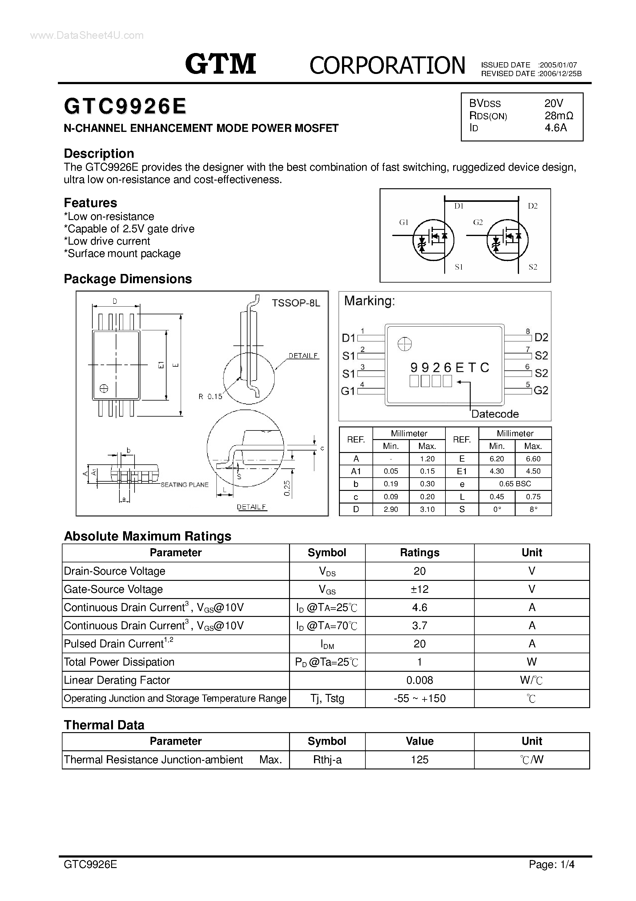Datasheet GTC9926E - N-CHANNEL ENHANCEMENT MODE POWER MOSFET page 1