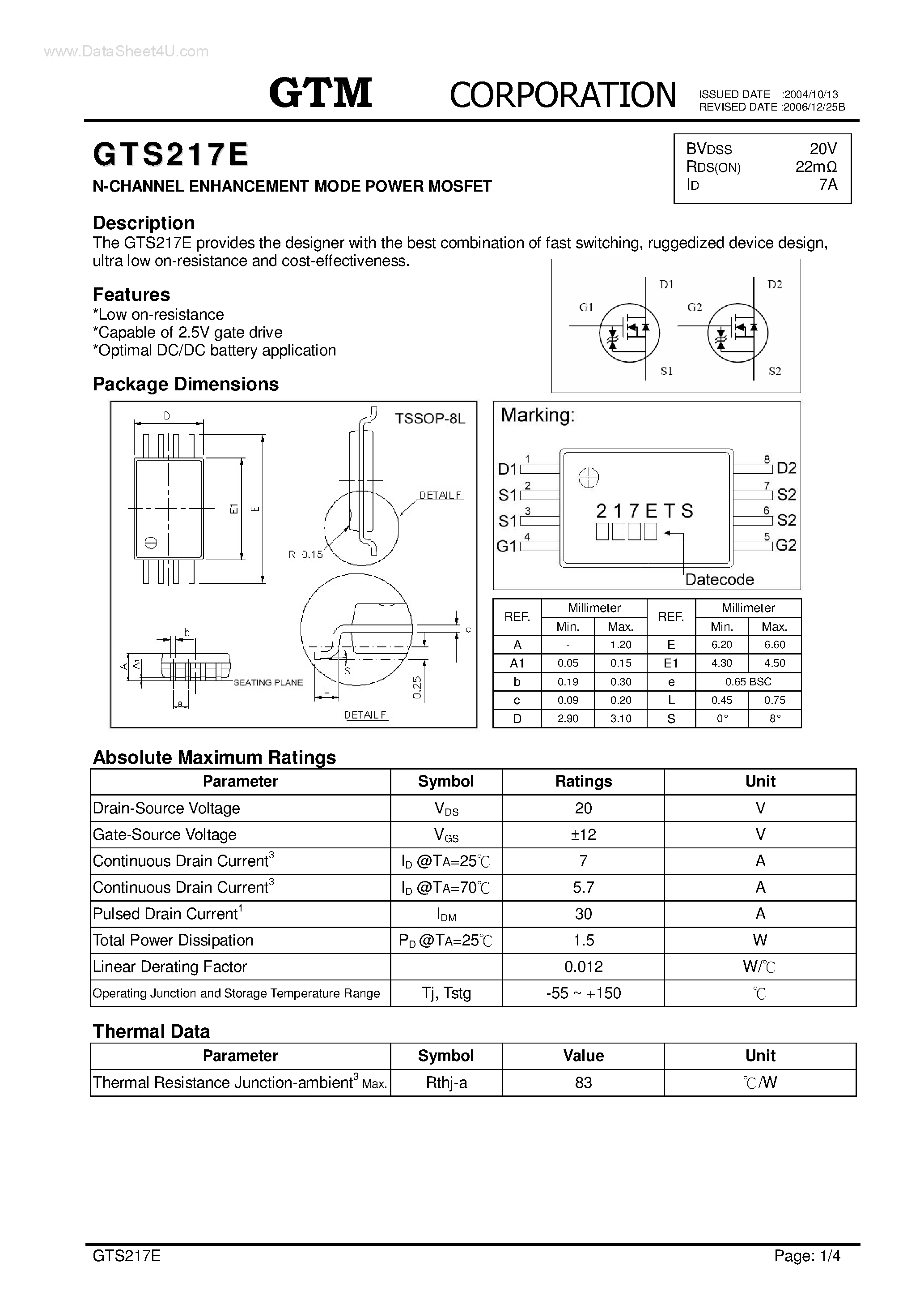 Datasheet GTS217E - N-CHANNEL ENHANCEMENT MODE POWER MOSFET page 1