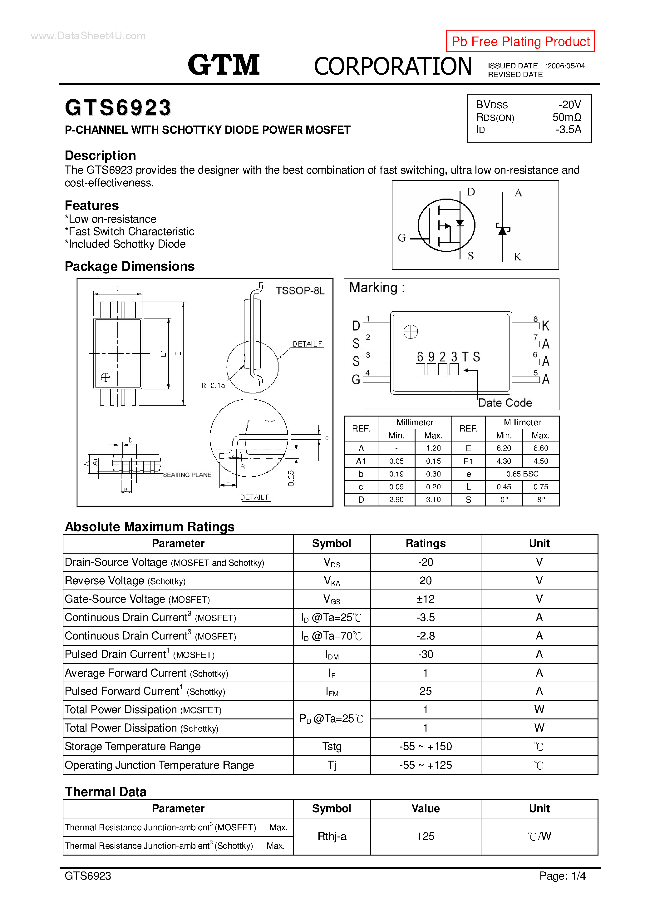 Datasheet GTS6923 - P-CHANNEL WITH SCHOTTKY DIODE POWER MOSFET page 1