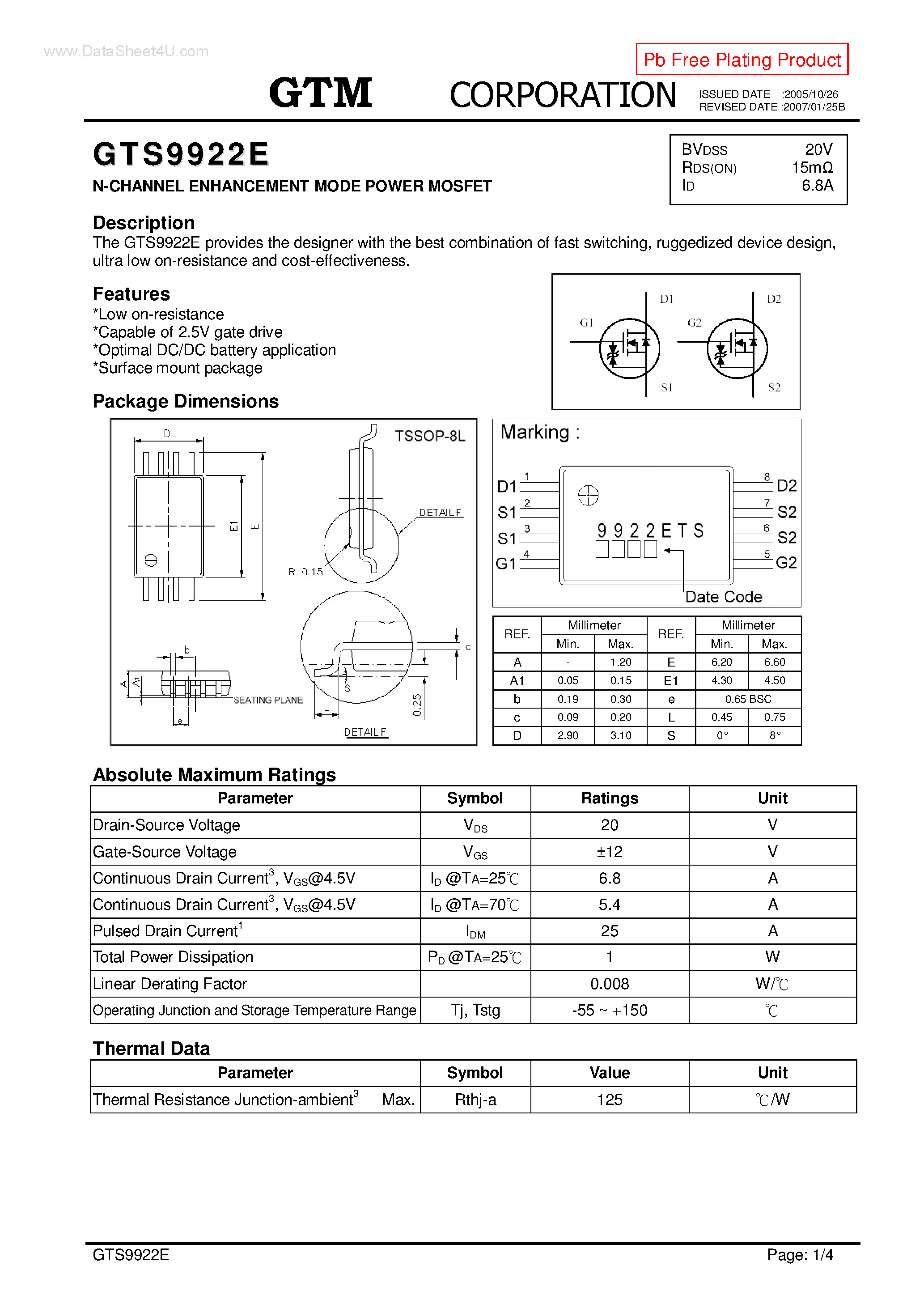 Datasheet GTS9922E page 1 Datasheet GTS9922E - N-CHANNEL ENHANCEMENT MODE POWER MOSFET page 1