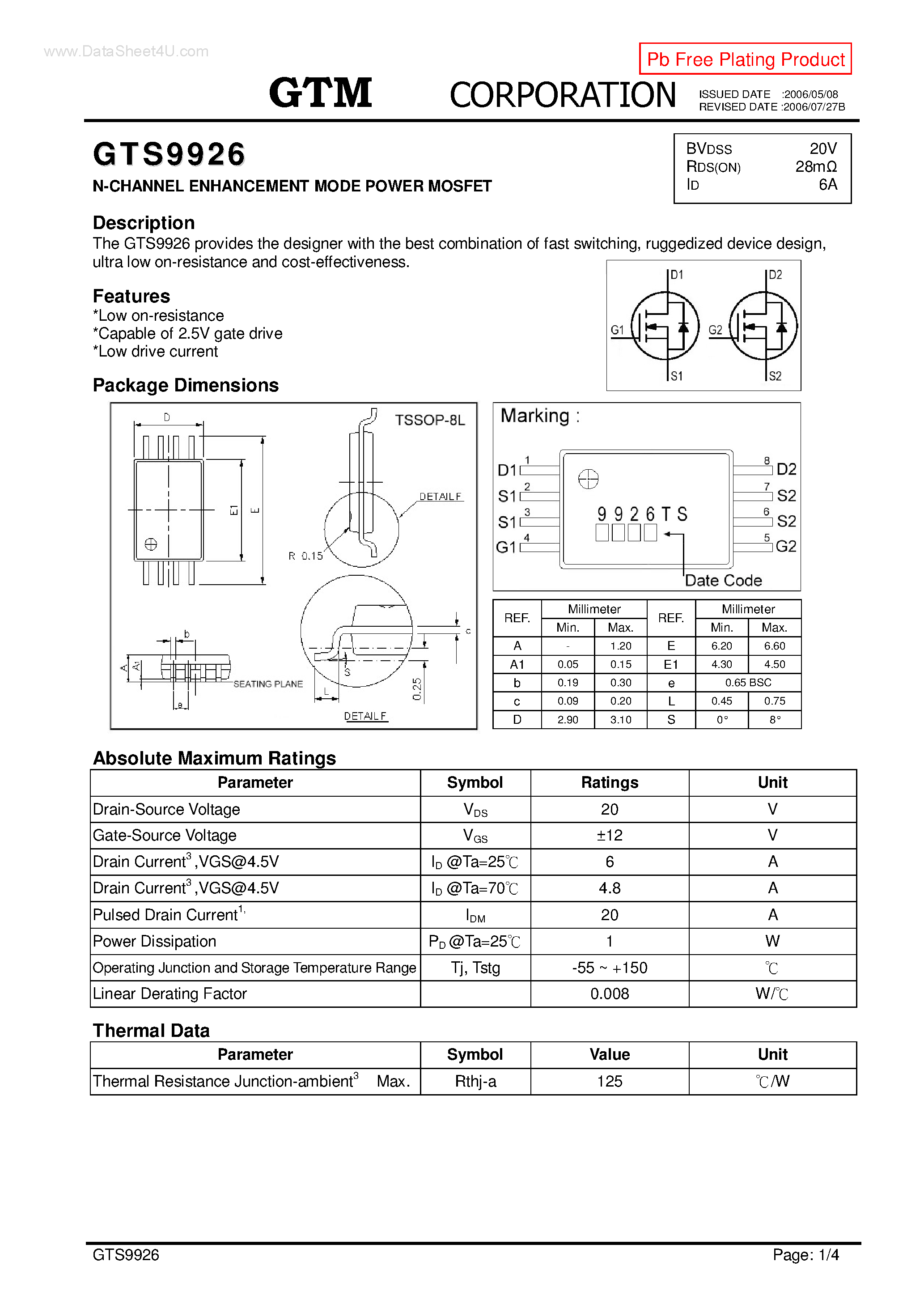 Datasheet GTS9926 - N-CHANNEL ENHANCEMENT MODE POWER MOSFET page 1