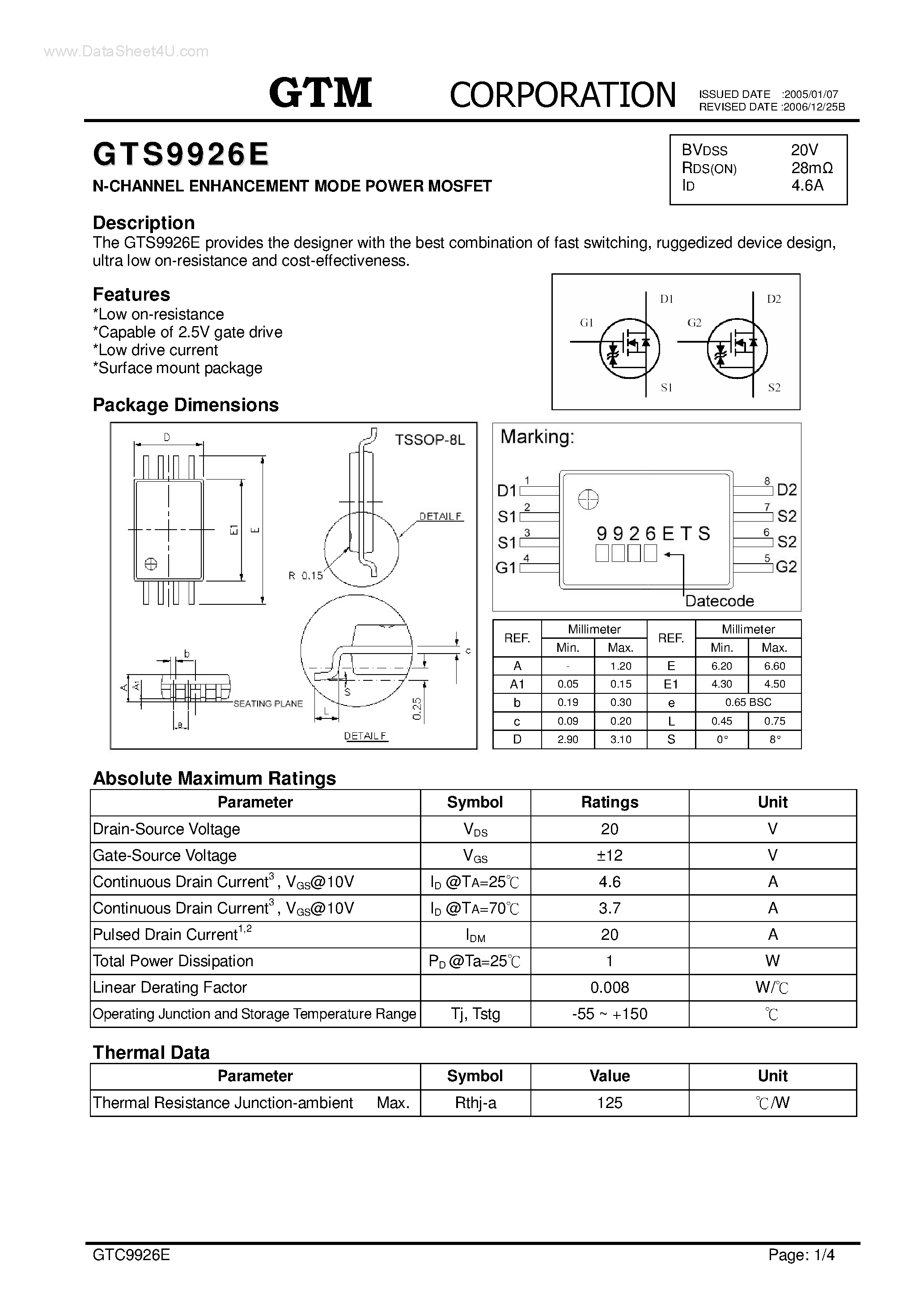 Datasheet GTS9926E page 1 Datasheet GTS9926E - N-CHANNEL ENHANCEMENT MODE POWER MOSFET page 1
