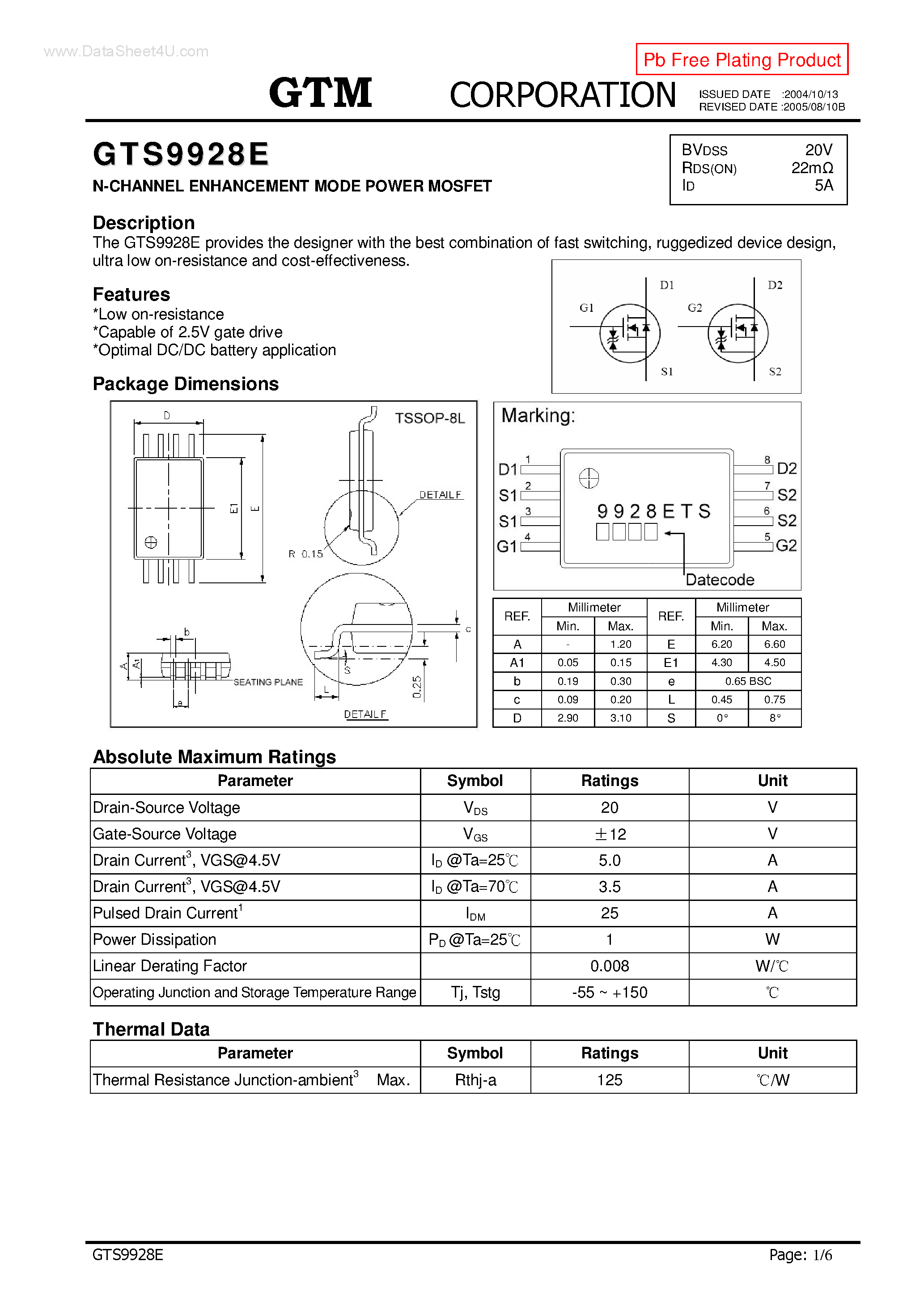 Datasheet GTS9928E page 1 Datasheet GTS9928E - N-CHANNEL ENHANCEMENT MODE POWER MOSFET page 1