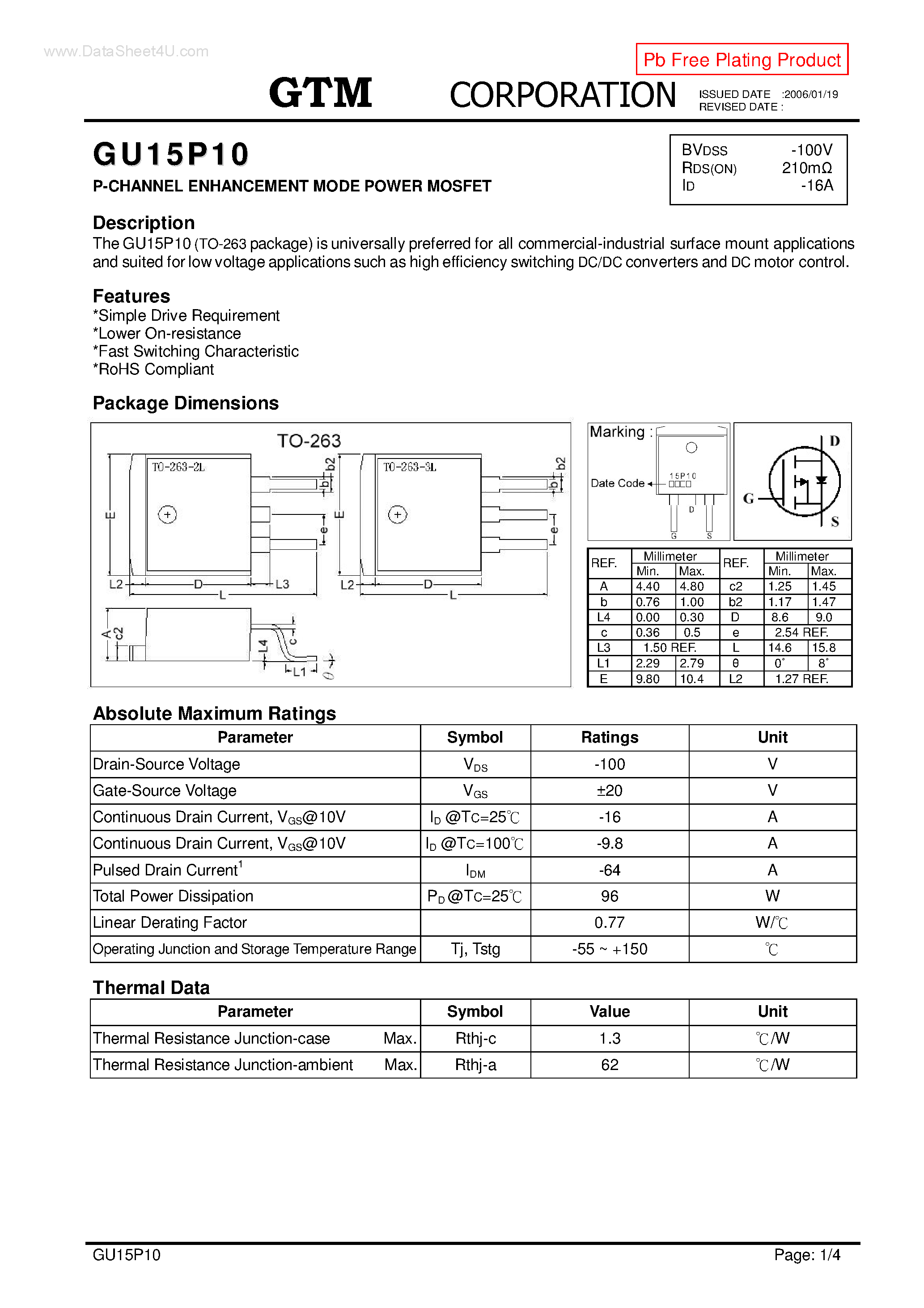 Datasheet GU15P10 - P-CHANNEL ENHANCEMENT MODE POWER MOSFET page 1