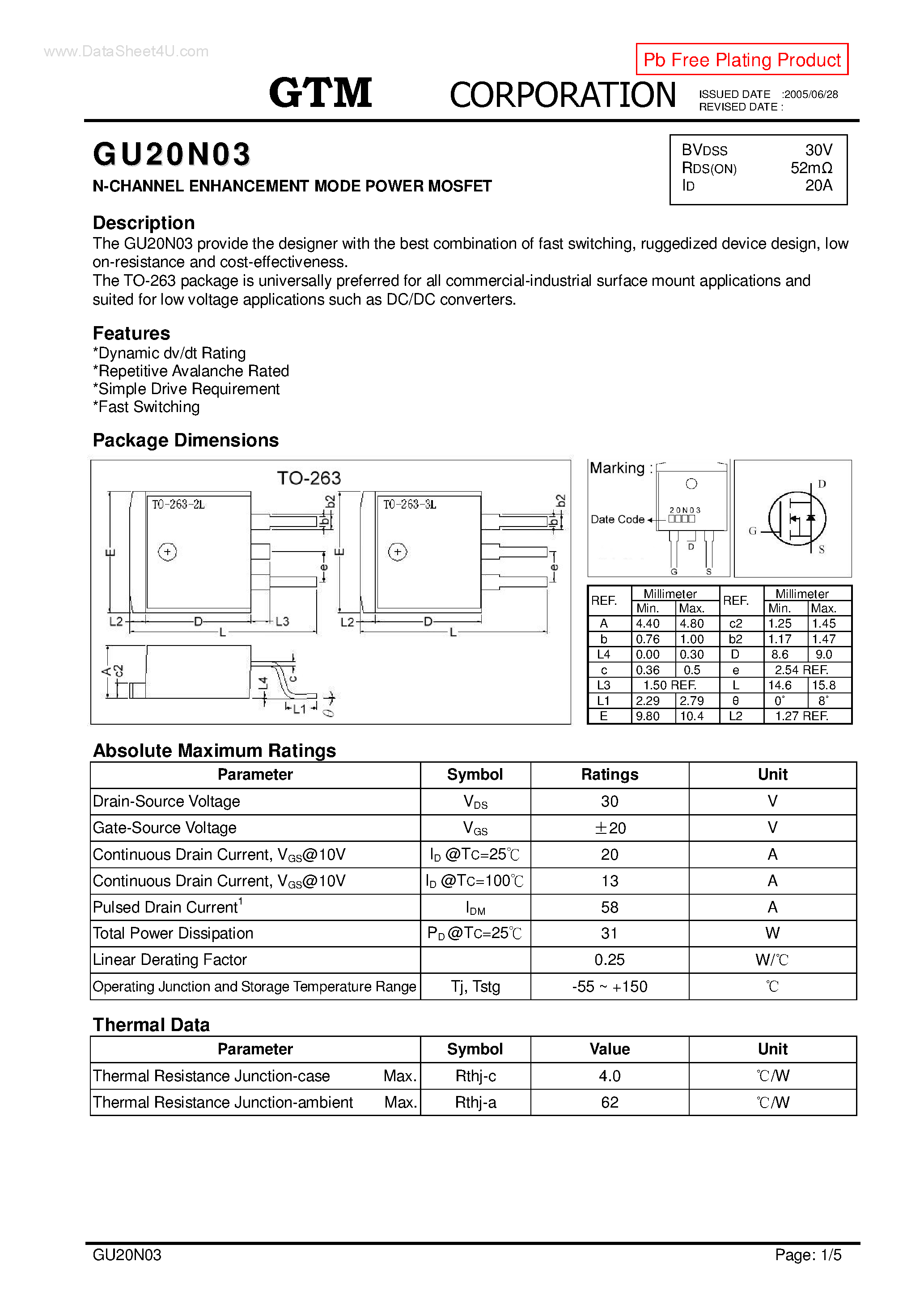 Datasheet GU20N03 page 1 Datasheet GU20N03 - N-CHANNEL ENHANCEMENT MODE POWER MOSFET page 1