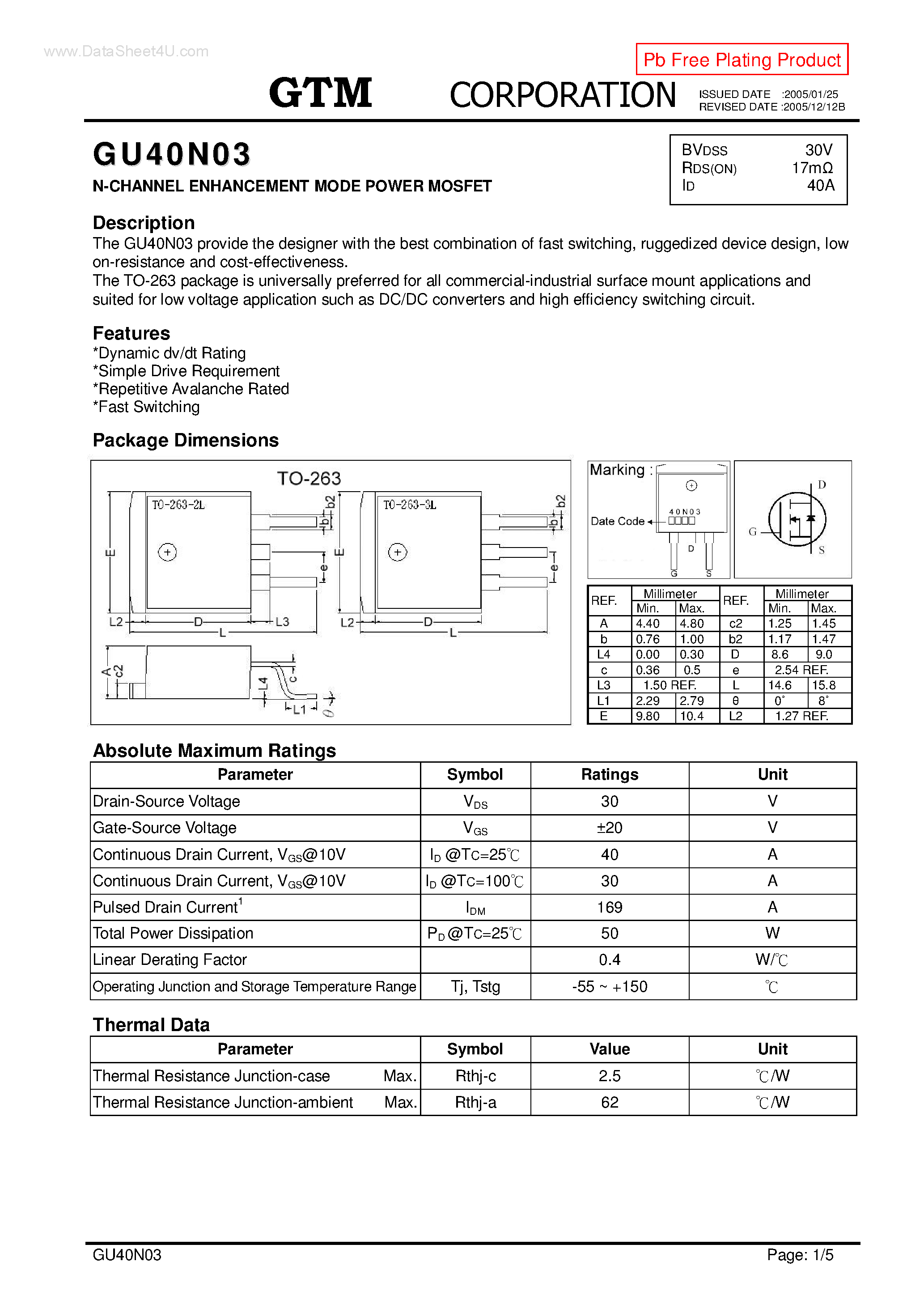 Datasheet GU40N03 page 1 Datasheet GU40N03 - N-CHANNEL ENHANCEMENT MODE POWER MOSFET page 1