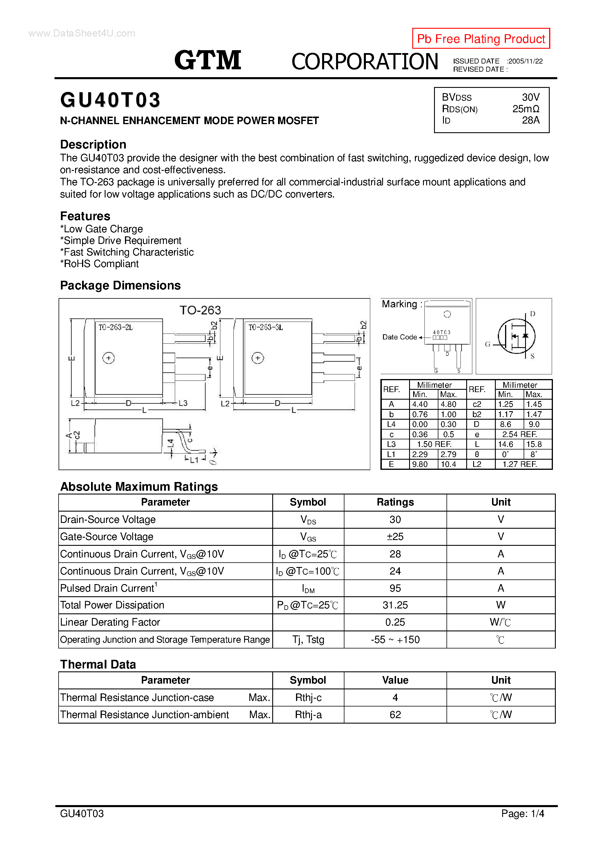 Datasheet GU40T03 page 1 Datasheet GU40T03 - N-CHANNEL ENHANCEMENT MODE POWER MOSFET page 1