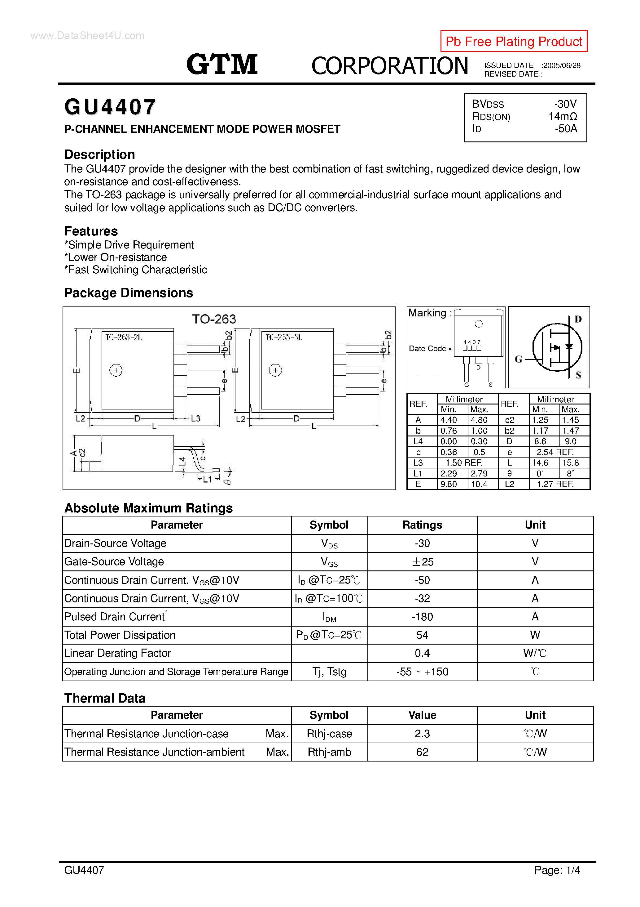 Datasheet GU4407 page 1 Datasheet GU4407 - P-CHANNEL ENHANCEMENT MODE POWER MOSFET page 1