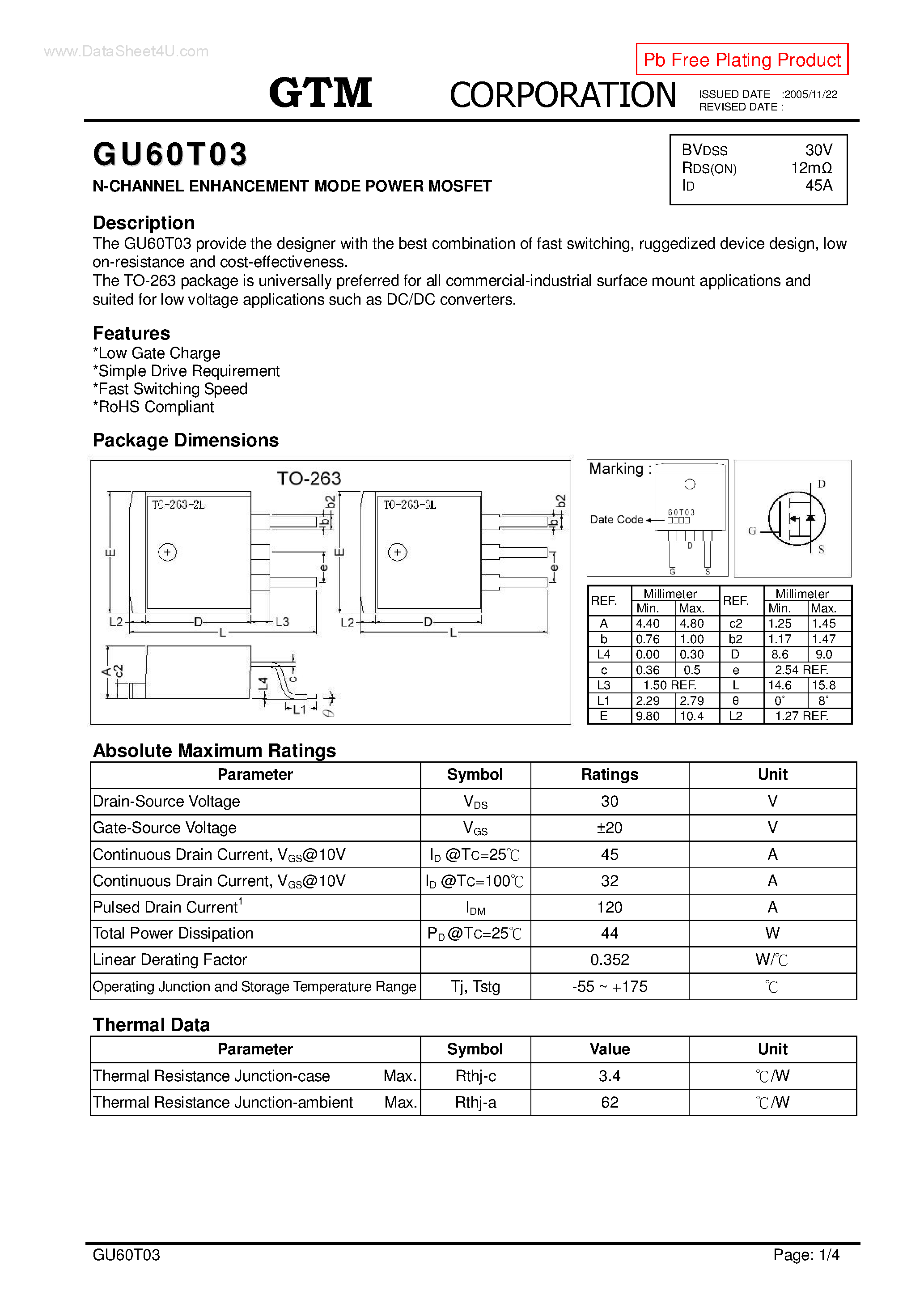 Datasheet GU60T03 page 1 Datasheet GU60T03 - N-CHANNEL ENHANCEMENT MODE POWER MOSFET page 1