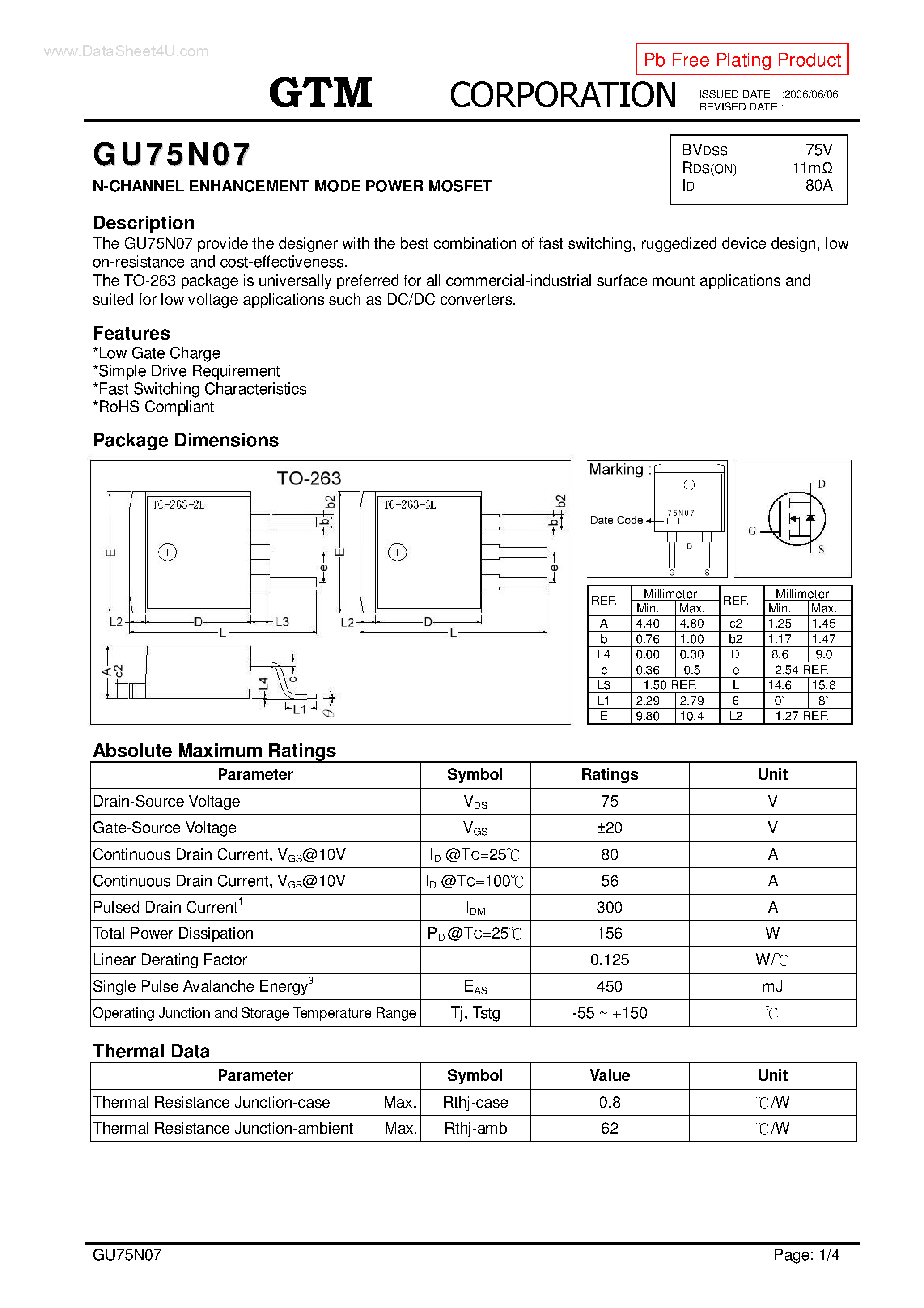 Datasheet GU75N07 page 1 Datasheet GU75N07 - N-CHANNEL ENHANCEMENT MODE POWER MOSFET page 1