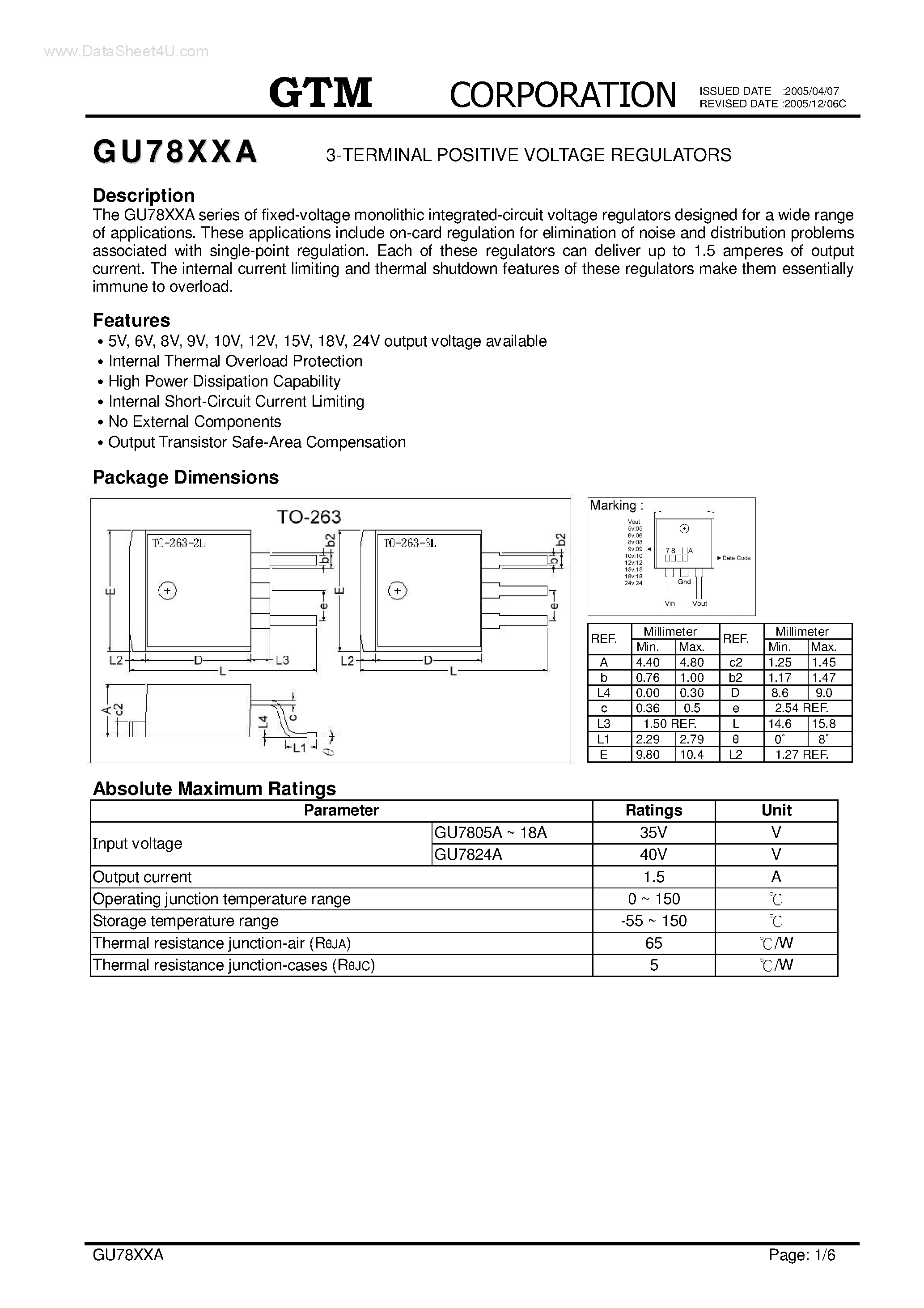 Даташит GU7805A - (GU78xxA) 3-TERMINAL POSITIVE VOLTAGE REGULATORS страница 1