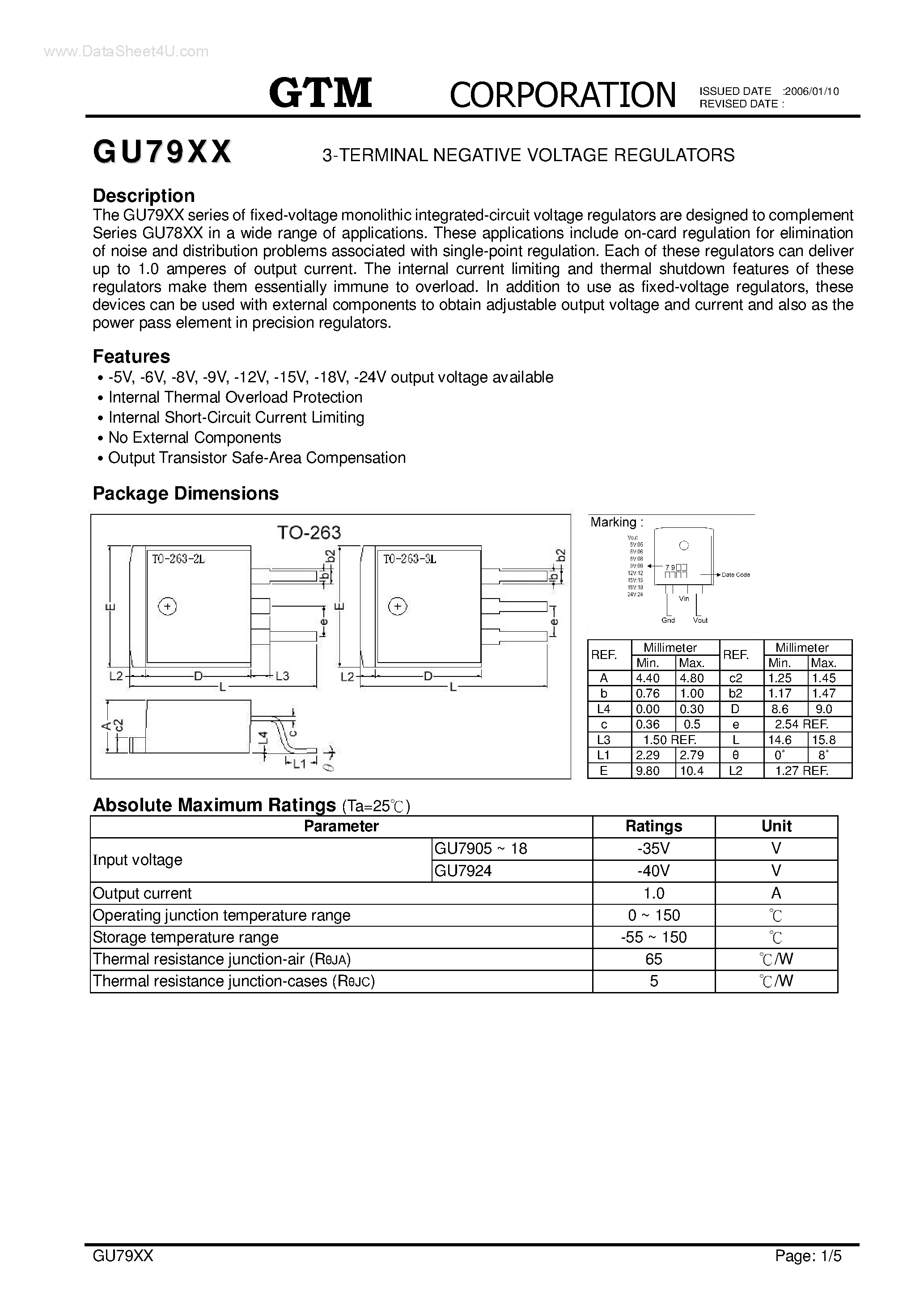 Даташит GU7905 - (GU79xx) 3-TERMINAL NEGATIVE VOLTAGE REGULATORS страница 1