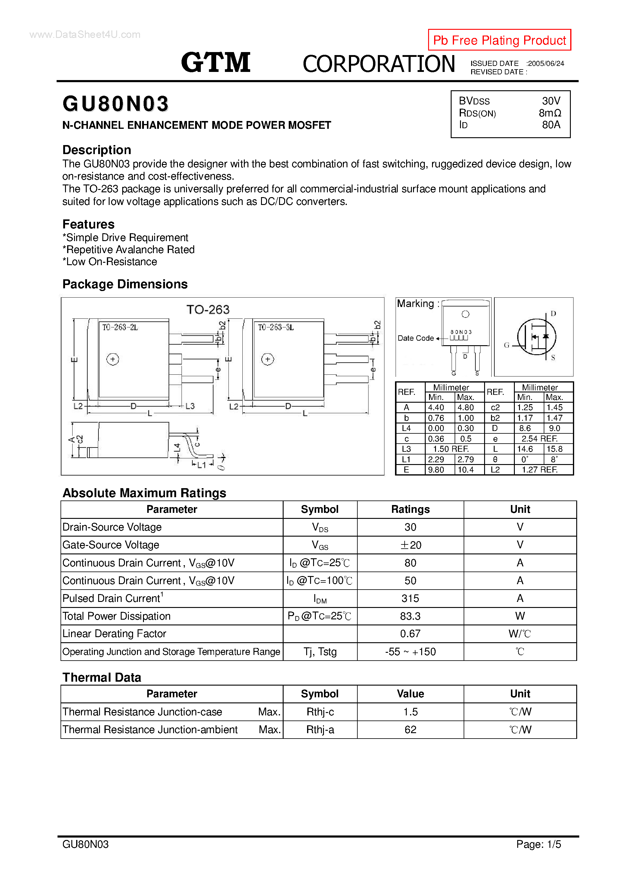 Datasheet GU80N03 page 1 Datasheet GU80N03 - N-CHANNEL ENHANCEMENT MODE POWER MOSFET page 1