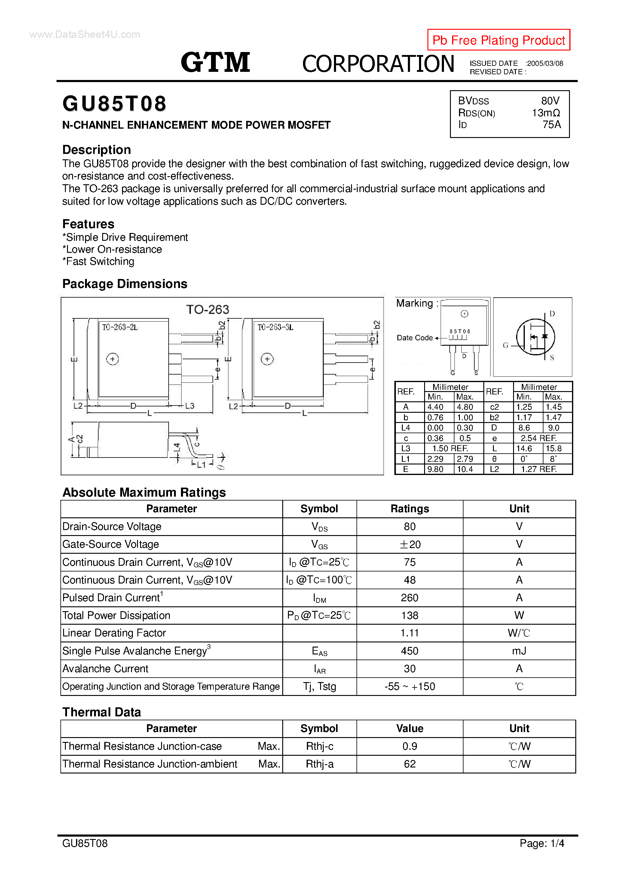 Datasheet GU85T08 page 1 Datasheet GU85T08 - N-CHANNEL ENHANCEMENT MODE POWER MOSFET page 1