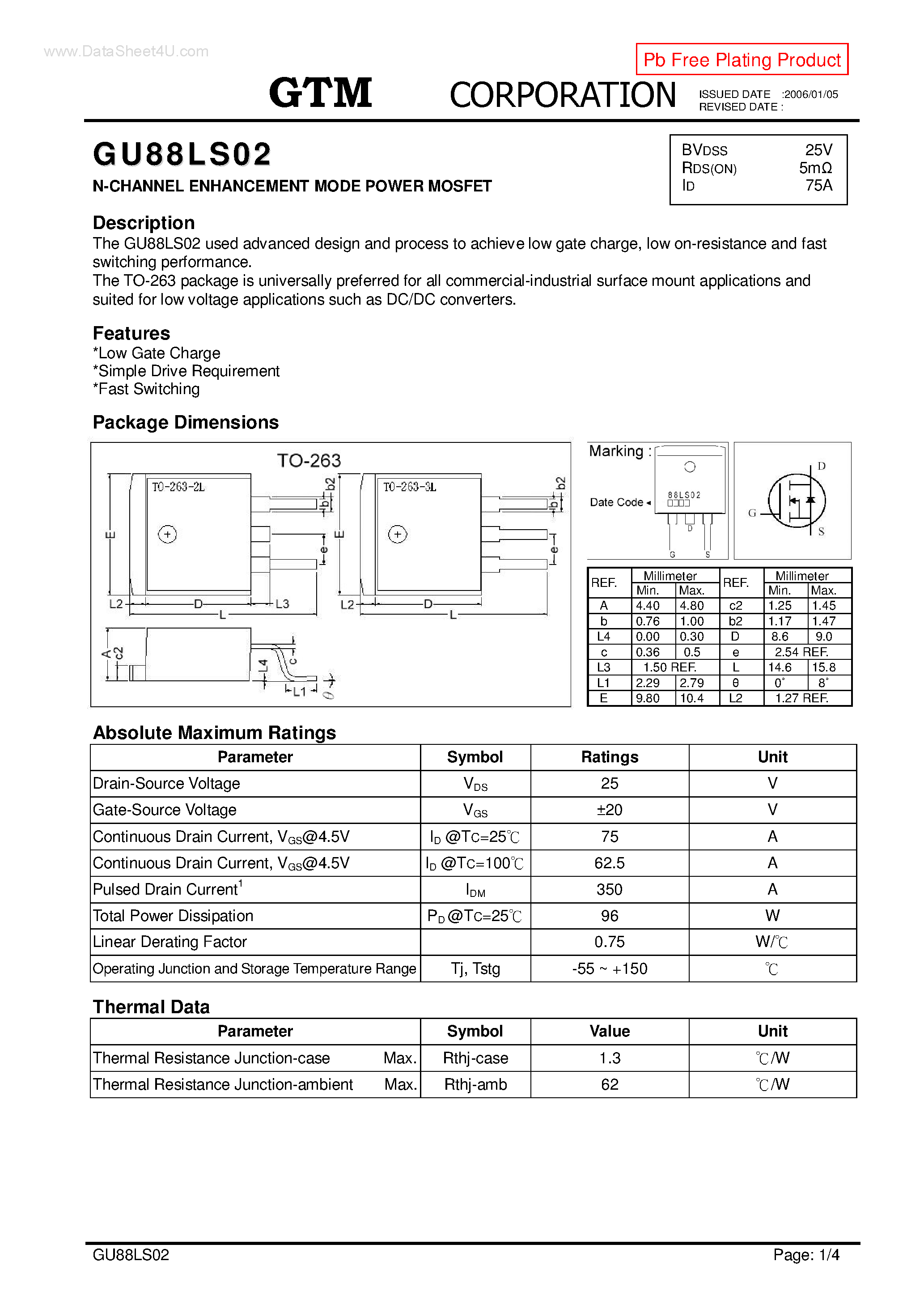 Datasheet GU88LS02 page 1 Datasheet GU88LS02 - N-CHANNEL ENHANCEMENT MODE POWER MOSFET page 1