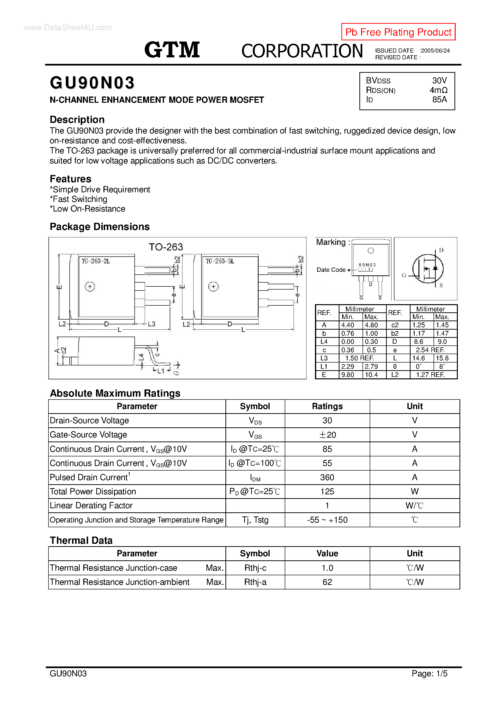 Datasheet GU90N03 page 1 Datasheet GU90N03 - N-CHANNEL ENHANCEMENT MODE POWER MOSFET page 1