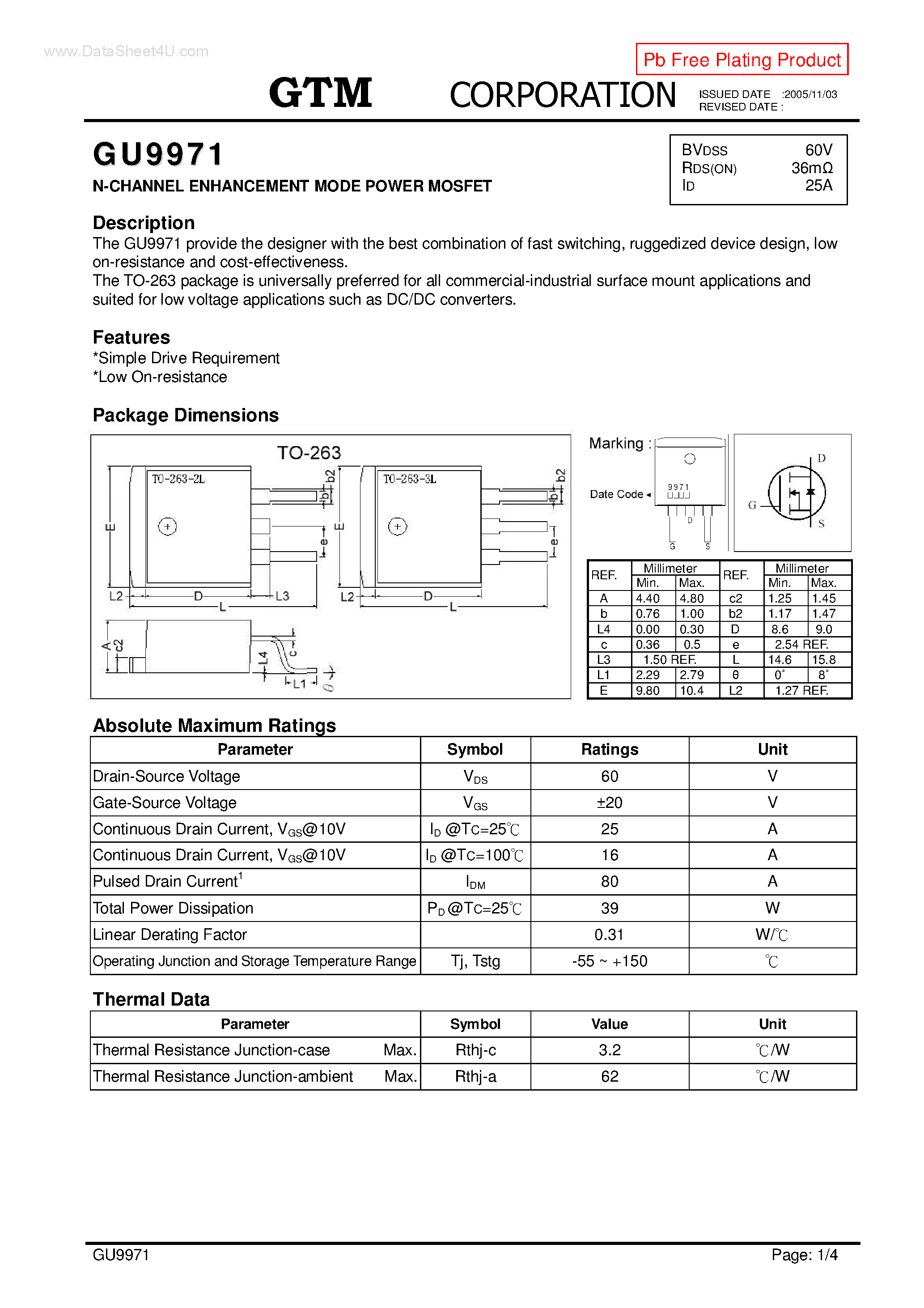Datasheet GU9971 page 1 Datasheet GU9971 - N-CHANNEL ENHANCEMENT MODE POWER MOSFET page 1