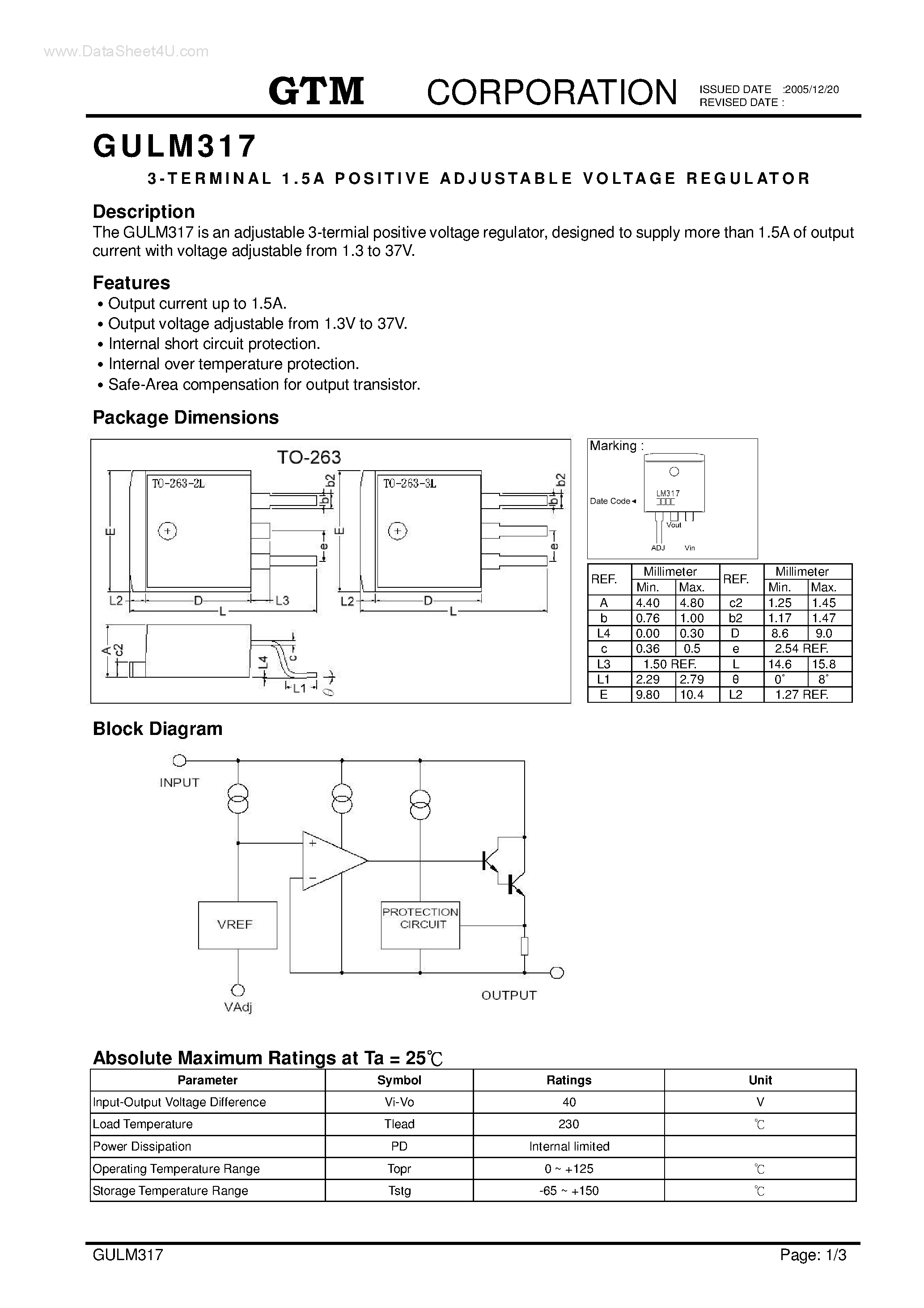 Даташит GULM317 - 3-TERMINAL 1A POSITIVE ADJSTABLE VOLTAGE REGULATOR страница 1