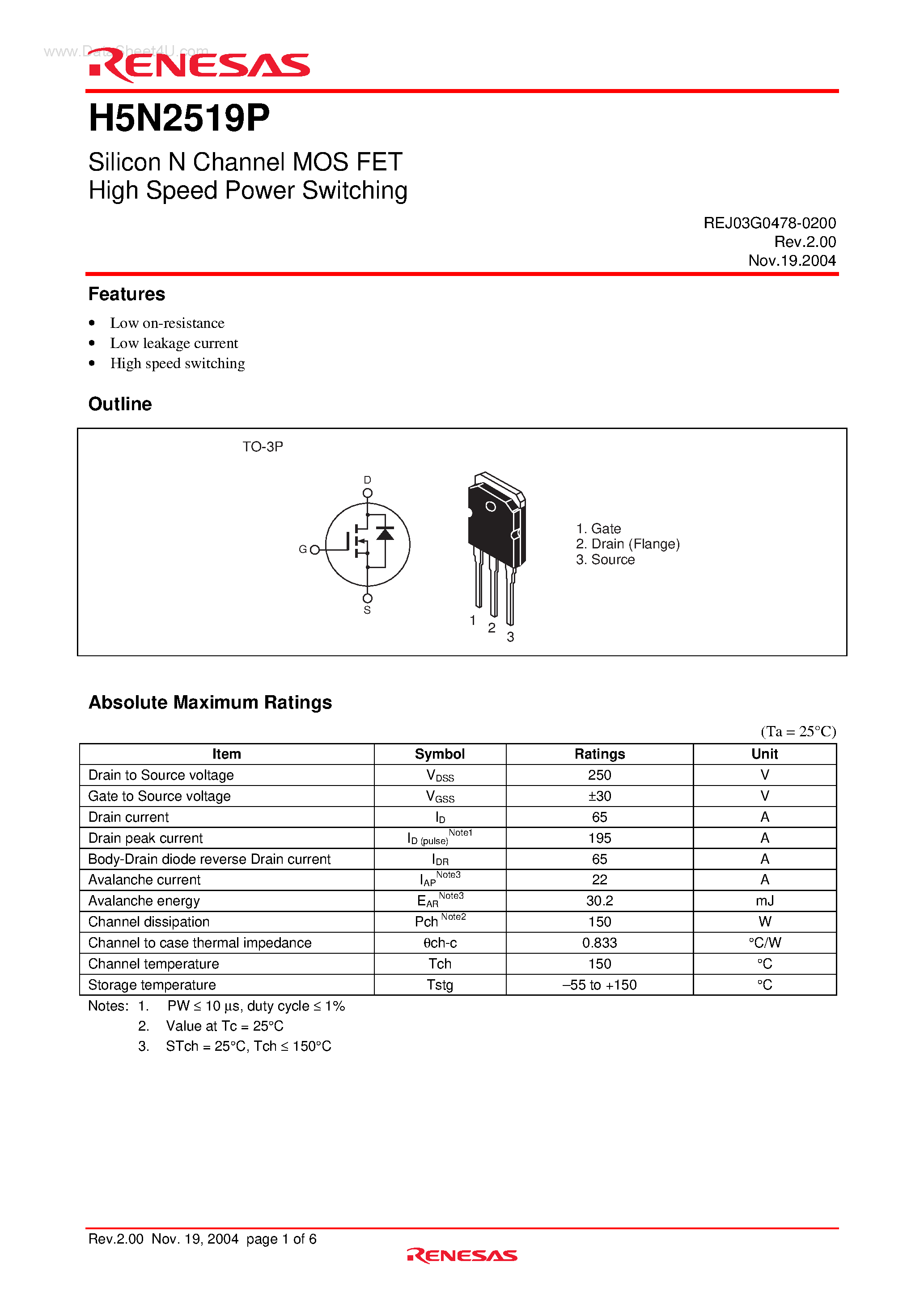 Datasheet H5N2519P - Silicon N Channel MOS FET High Speed Power Switching page 1