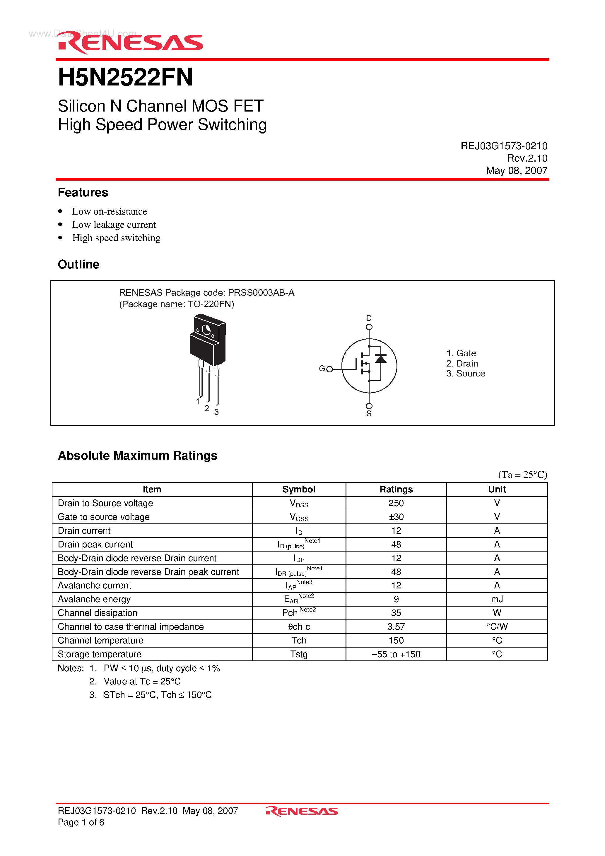 Datasheet H5N2522FN page 1 Datasheet H5N2522FN - Silicon N Channel MOS FET High Speed Power Switching page 1