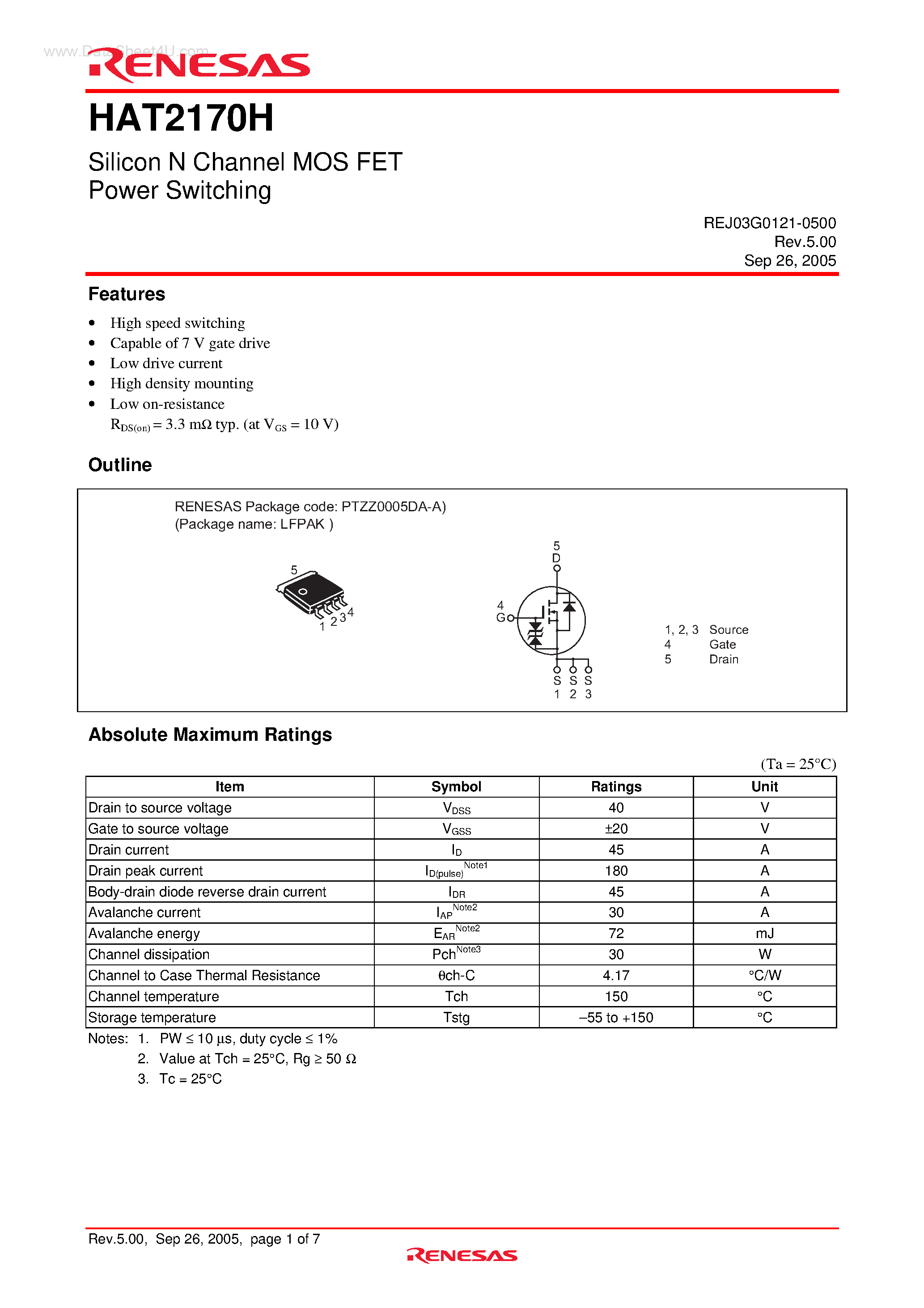 Datasheet HAT2170H - Silicon N Channel MOSFET Power Switching page 1