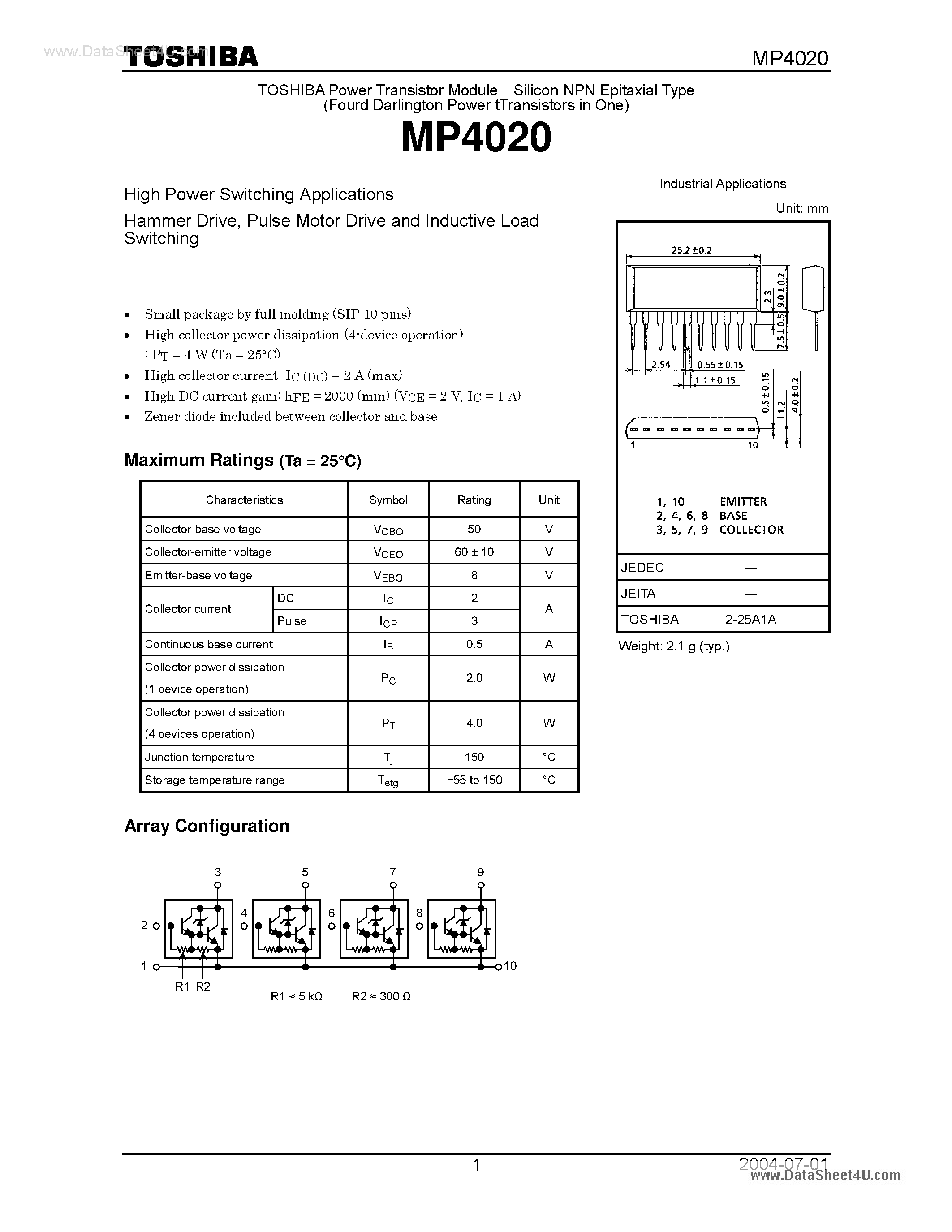 Datasheet MP4020 page 1 Datasheet MP4020 - High Power Switching Applications Hammer Drive page 1