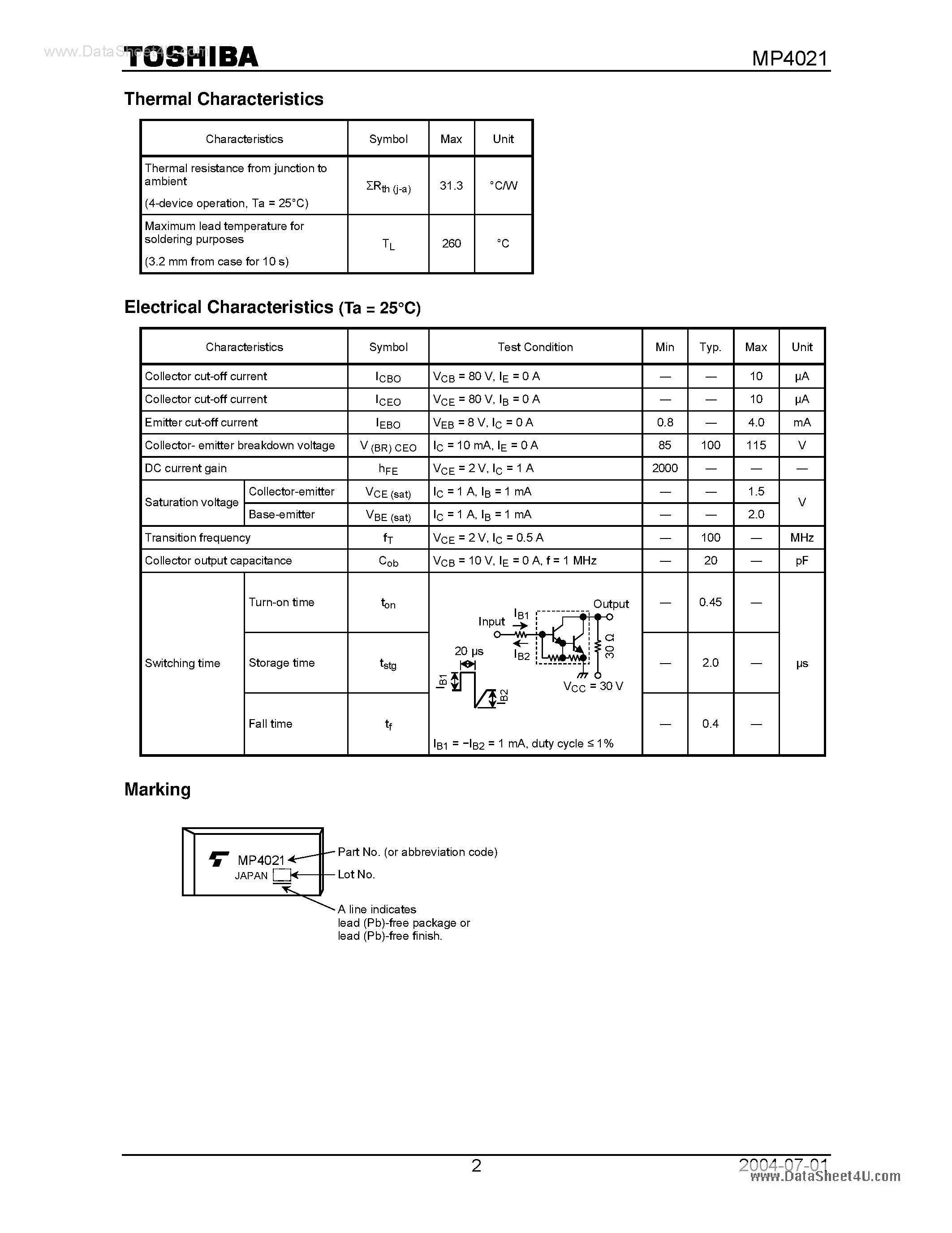 Datasheet MP4021 page 2 Datasheet MP4021 - Pulse Motor Drive and Inductive Load Switching page 2